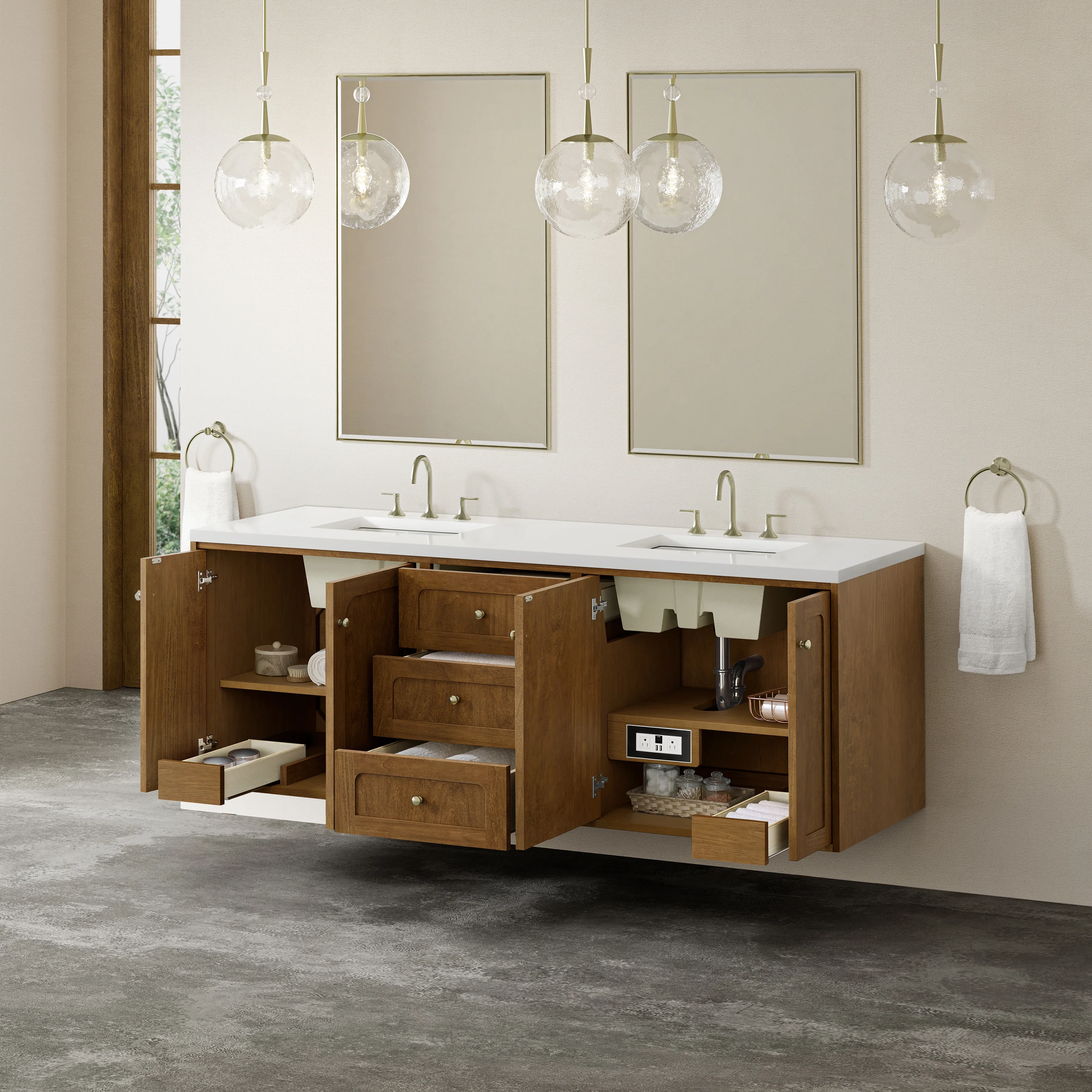 Laurent 72" Double Vanity, Honey Oak w/ 3 CM White Zeus Silestone Top
