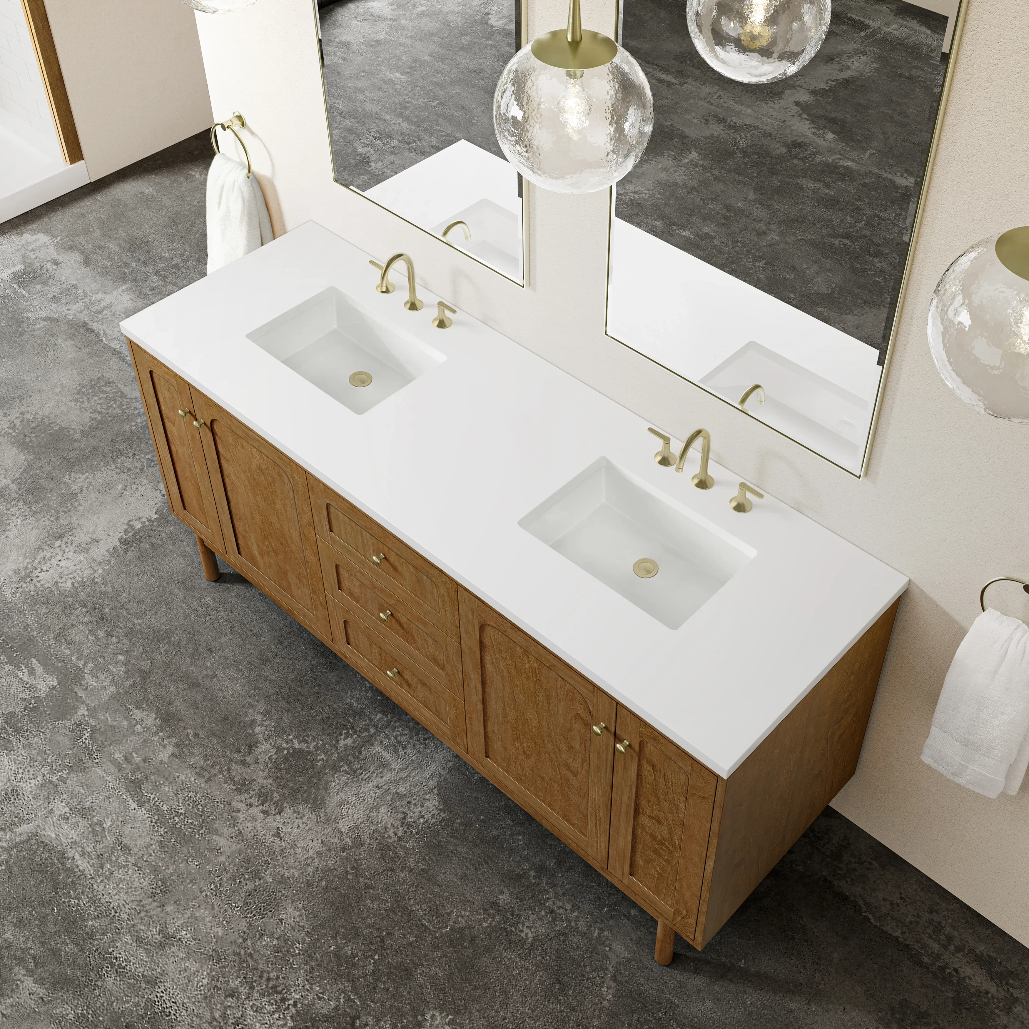 Laurent 72" Double Vanity, Honey Oak w/ 3 CM White Zeus Silestone Top