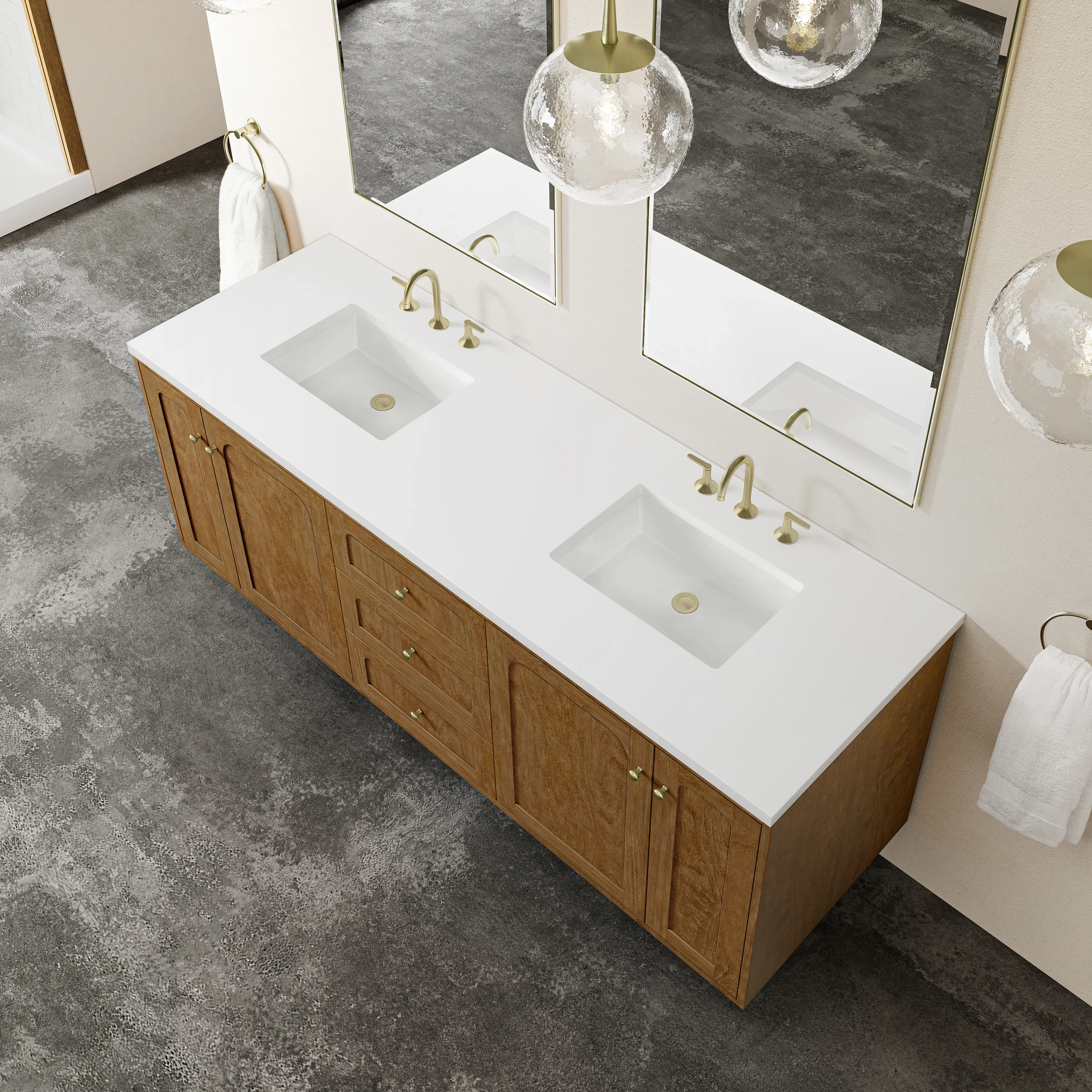 Laurent 72" Double Vanity, Honey Oak w/ 3 CM White Zeus Silestone Top