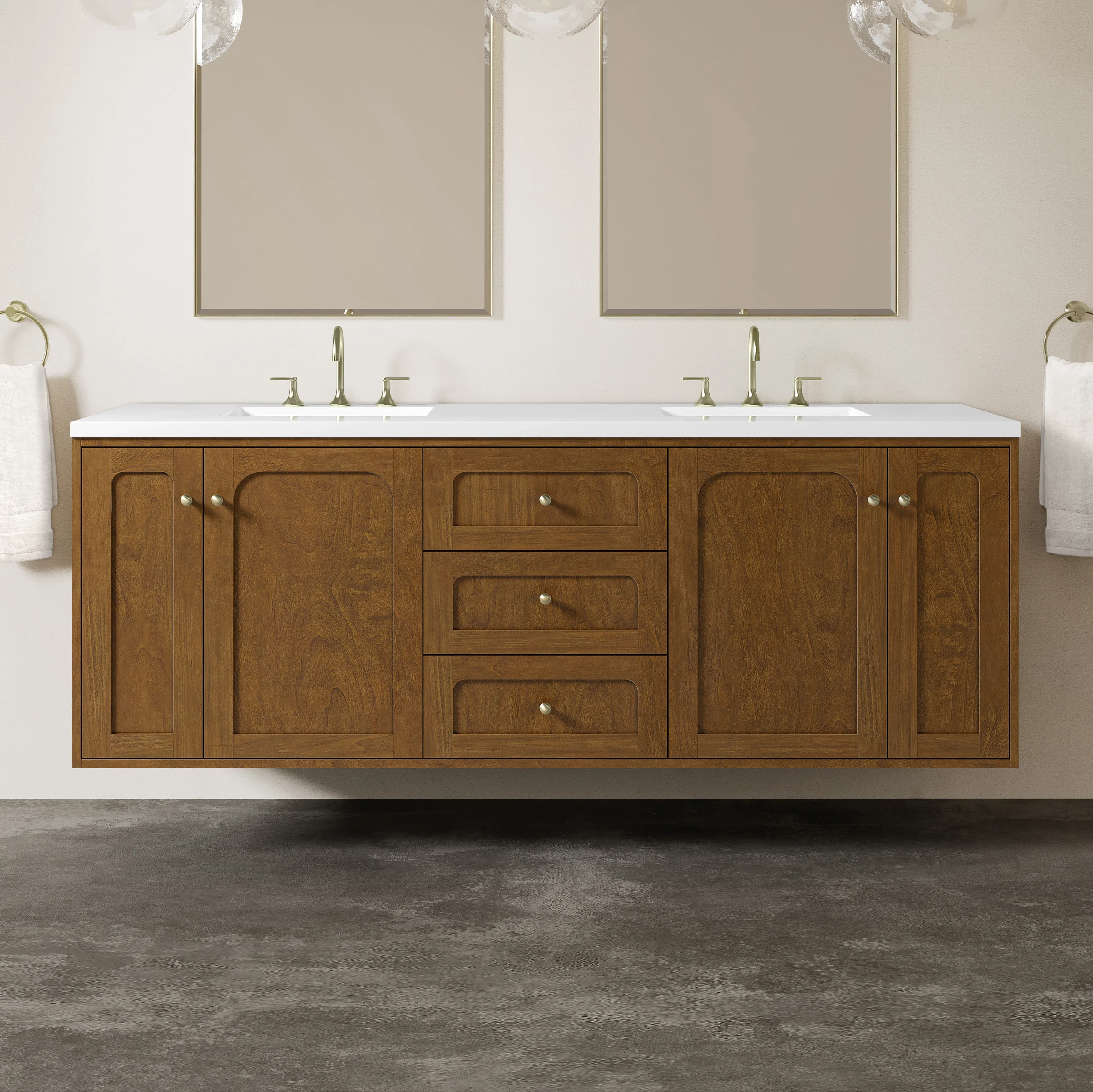 Laurent 72" Double Vanity, Honey Oak w/ 3 CM White Zeus Silestone Top