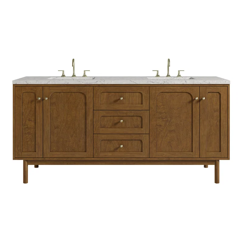 Laurent 72" Double Vanity, Honey Oak w/ 3 CM Eternal Jasmine Pearl Silestone Top w/FreePower Wireless Charger