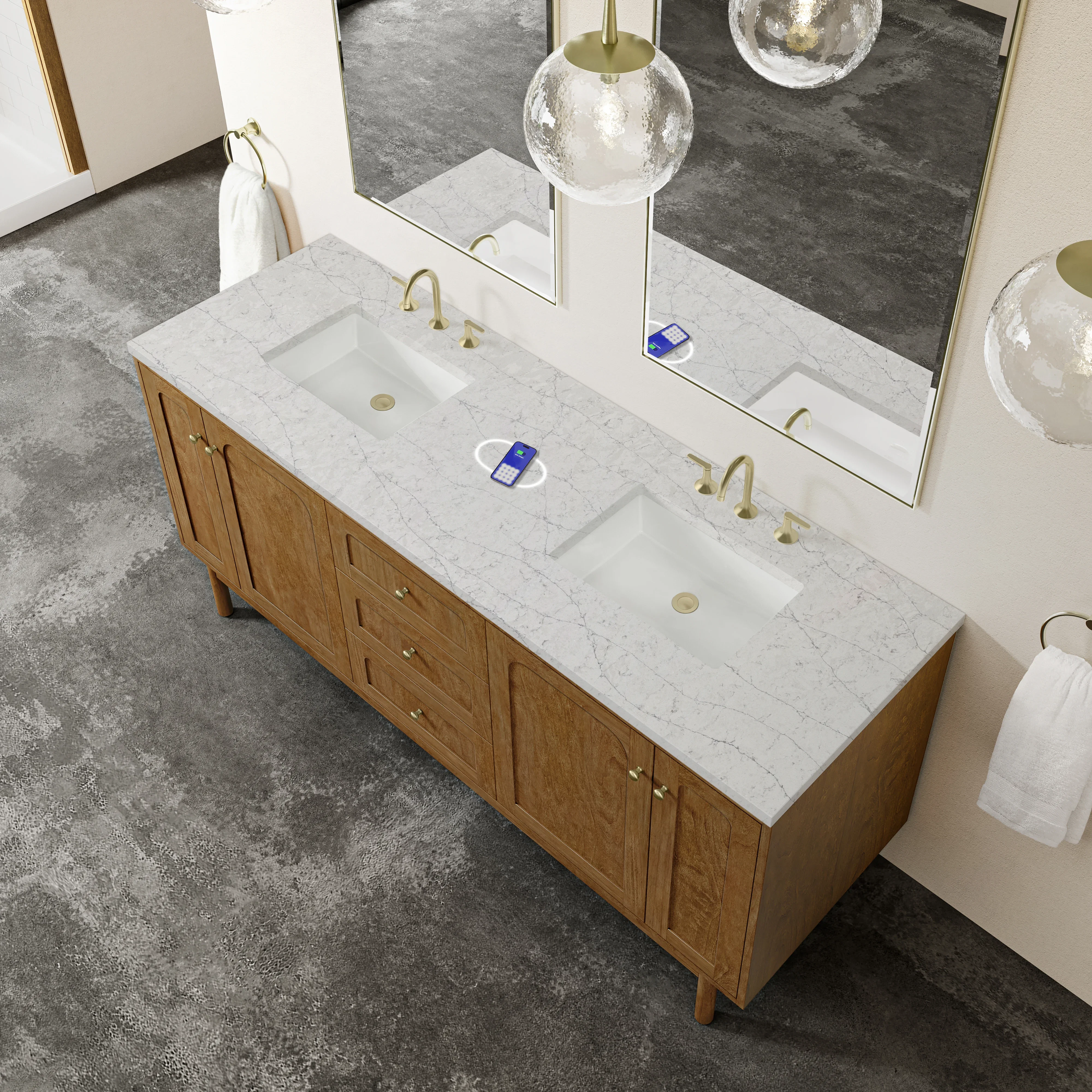 Laurent 72" Double Vanity, Honey Oak w/ 3 CM Eternal Jasmine Pearl Silestone Top w/FreePower Wireless Charger