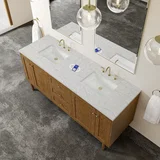 Laurent 72" Double Vanity, Honey Oak w/ 3 CM Eternal Jasmine Pearl Silestone Top w/FreePower Wireless Charger