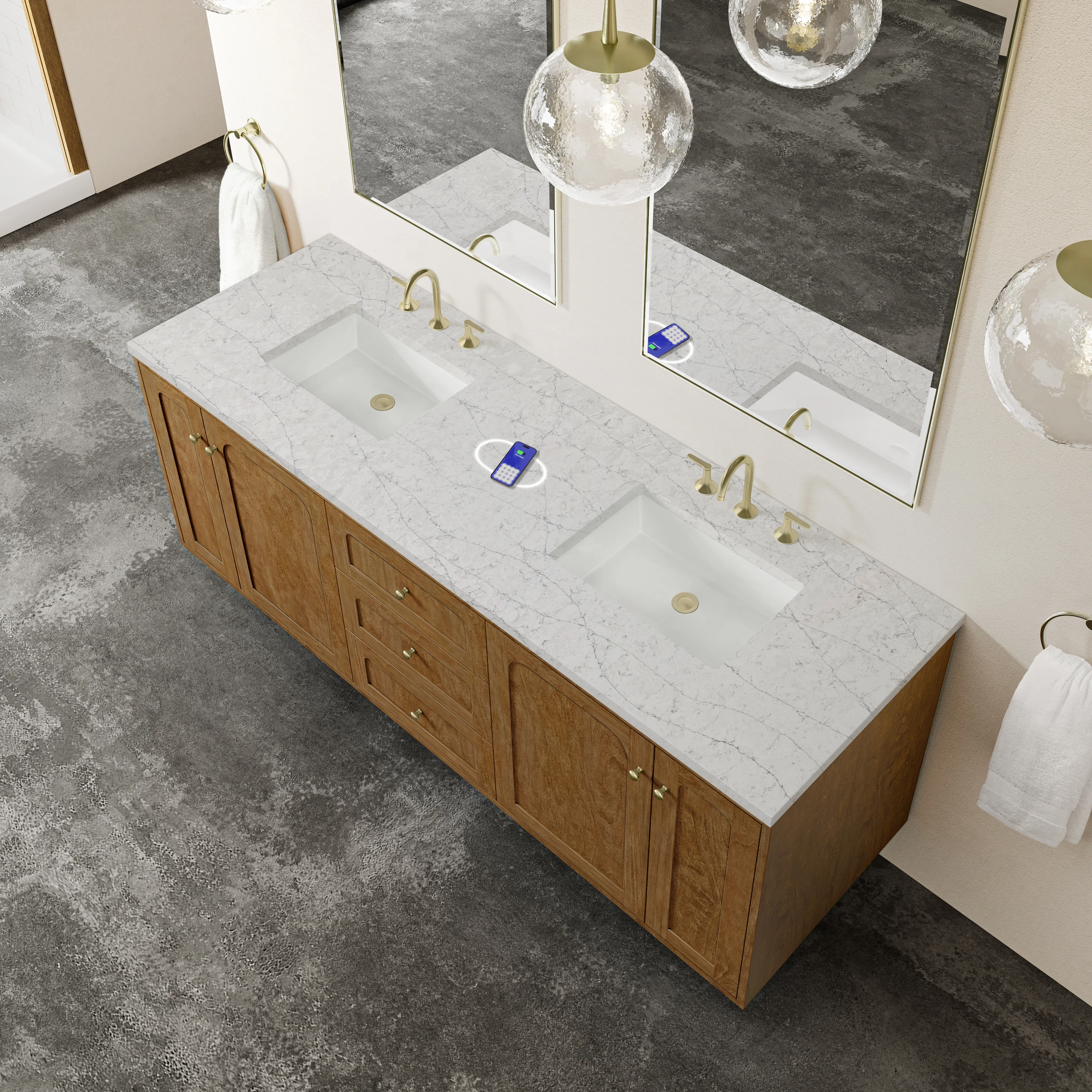 Laurent 72" Double Vanity, Honey Oak w/ 3 CM Eternal Jasmine Pearl Silestone Top w/FreePower Wireless Charger