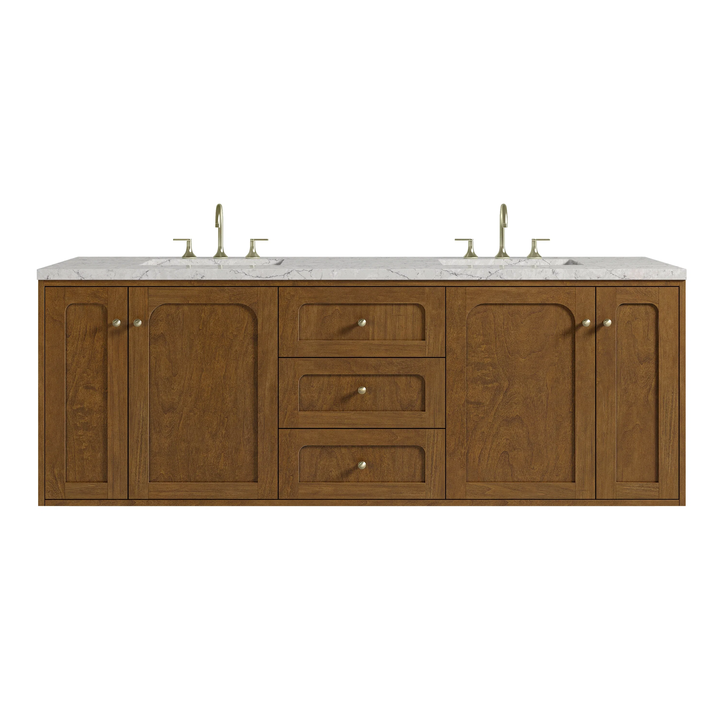 Laurent 72" Double Vanity, Honey Oak w/ 3 CM Eternal Jasmine Pearl Silestone Top w/FreePower Wireless Charger