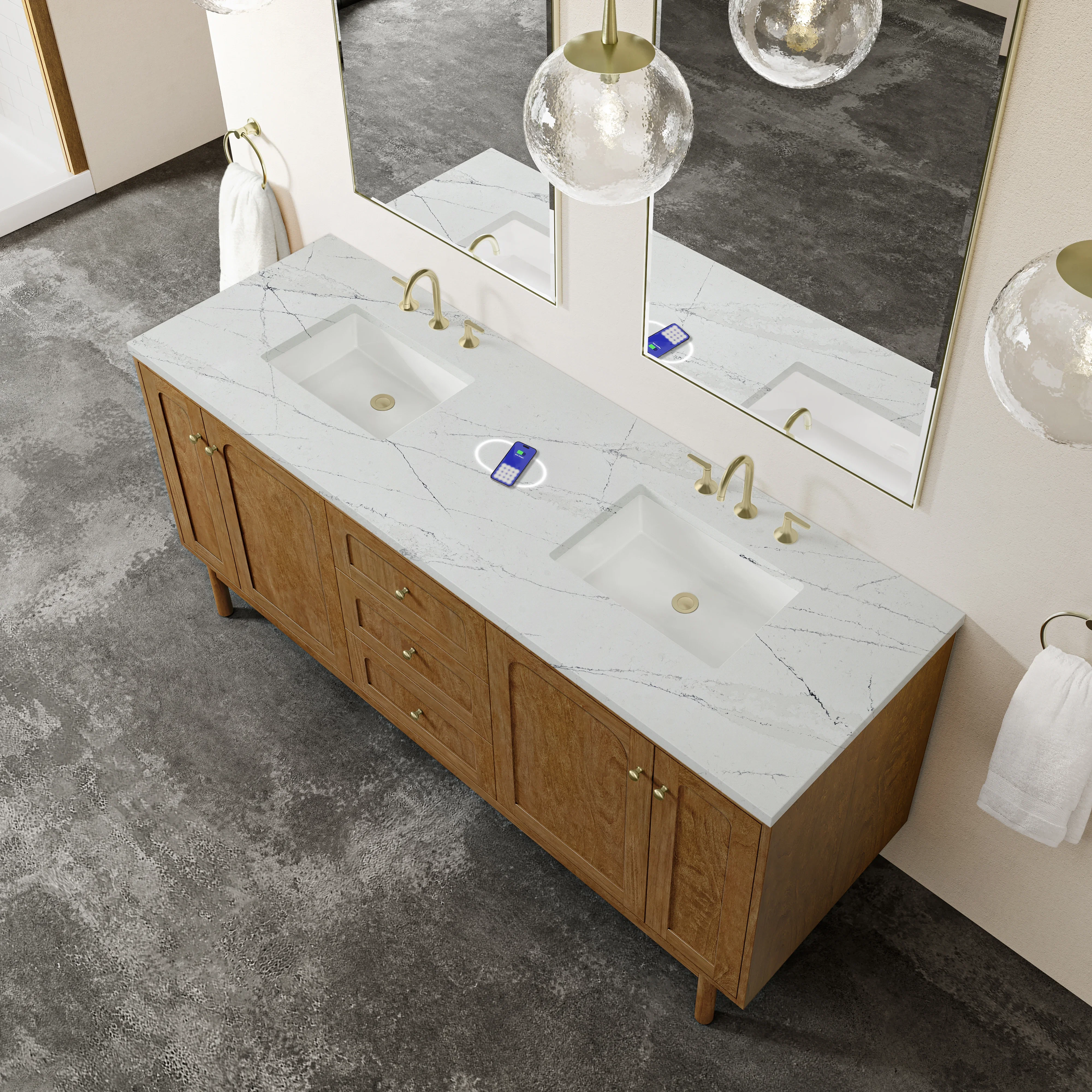 Laurent 72" Double Vanity, Honey Oak w/ 3 CM Ethereal Noctis Silestone Top w/FreePower Wireless Charger