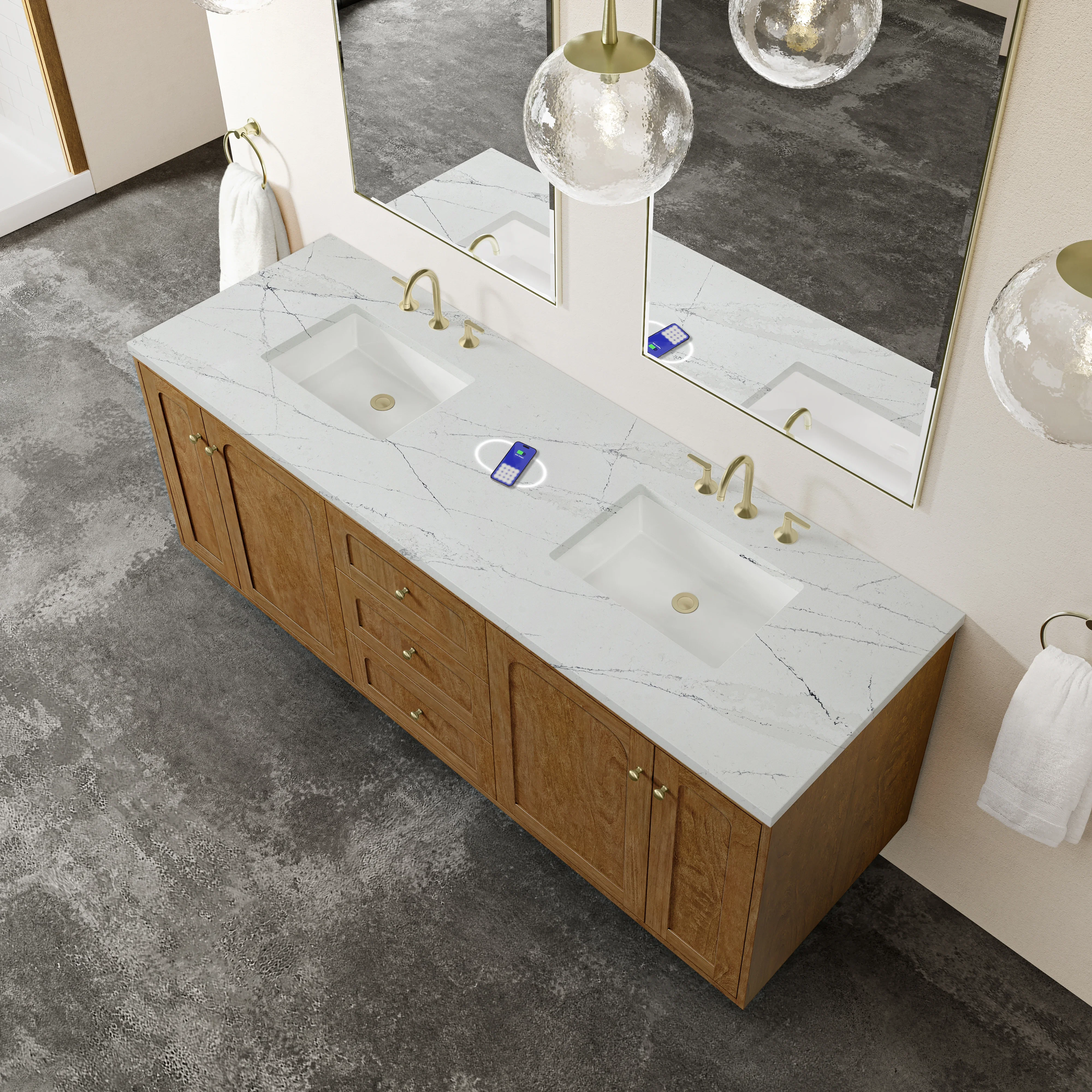 Laurent 72" Double Vanity, Honey Oak w/ 3 CM Ethereal Noctis Silestone Top w/FreePower Wireless Charger
