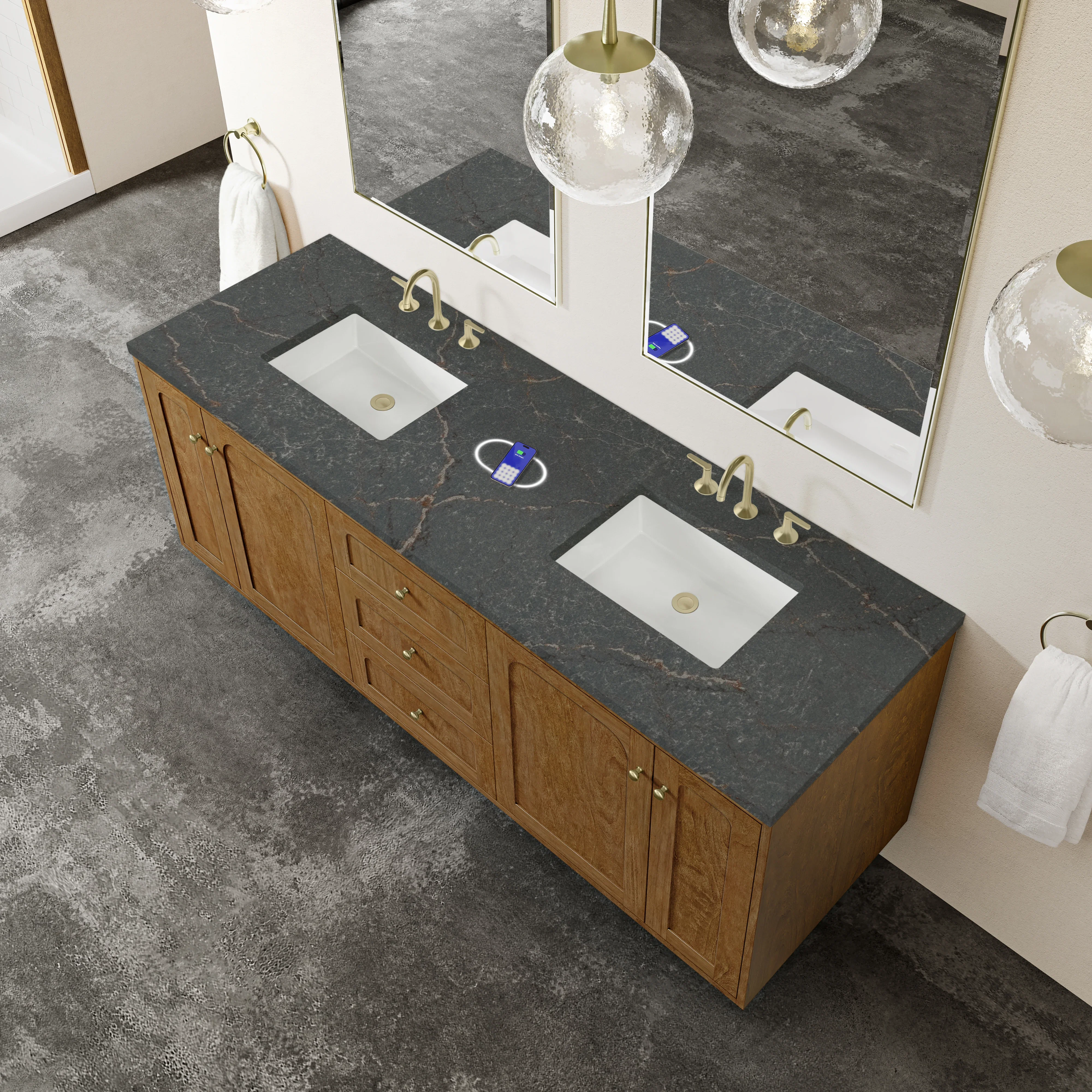 Laurent 72" Double Vanity, Honey Oak w/ 3 CM Parisien Bleu Silestone Top w/FreePower Wireless Charger