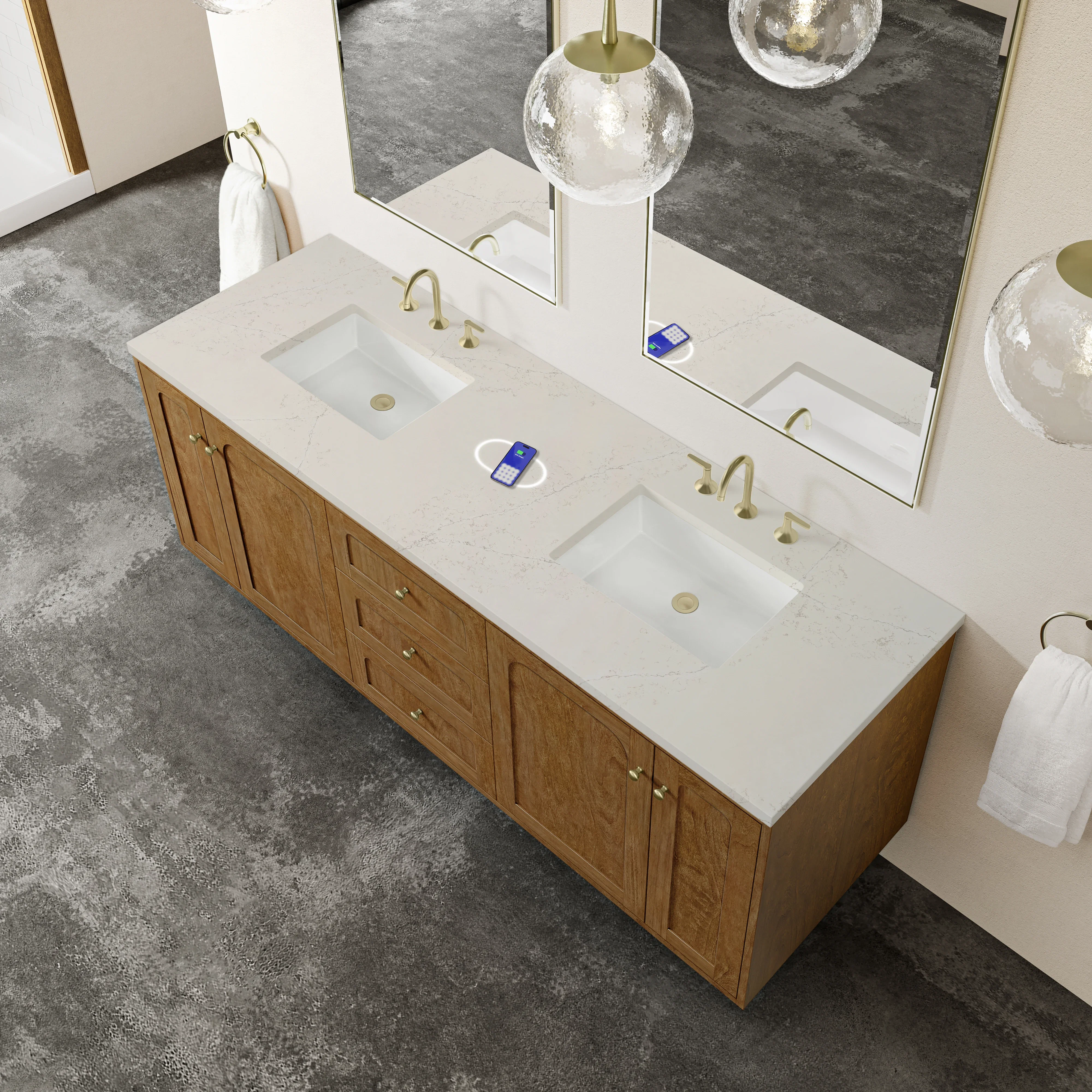 Laurent 72" Double Vanity, Honey Oak w/ 3 CM Siberian Silestone Top w/FreePower Wireless Charger