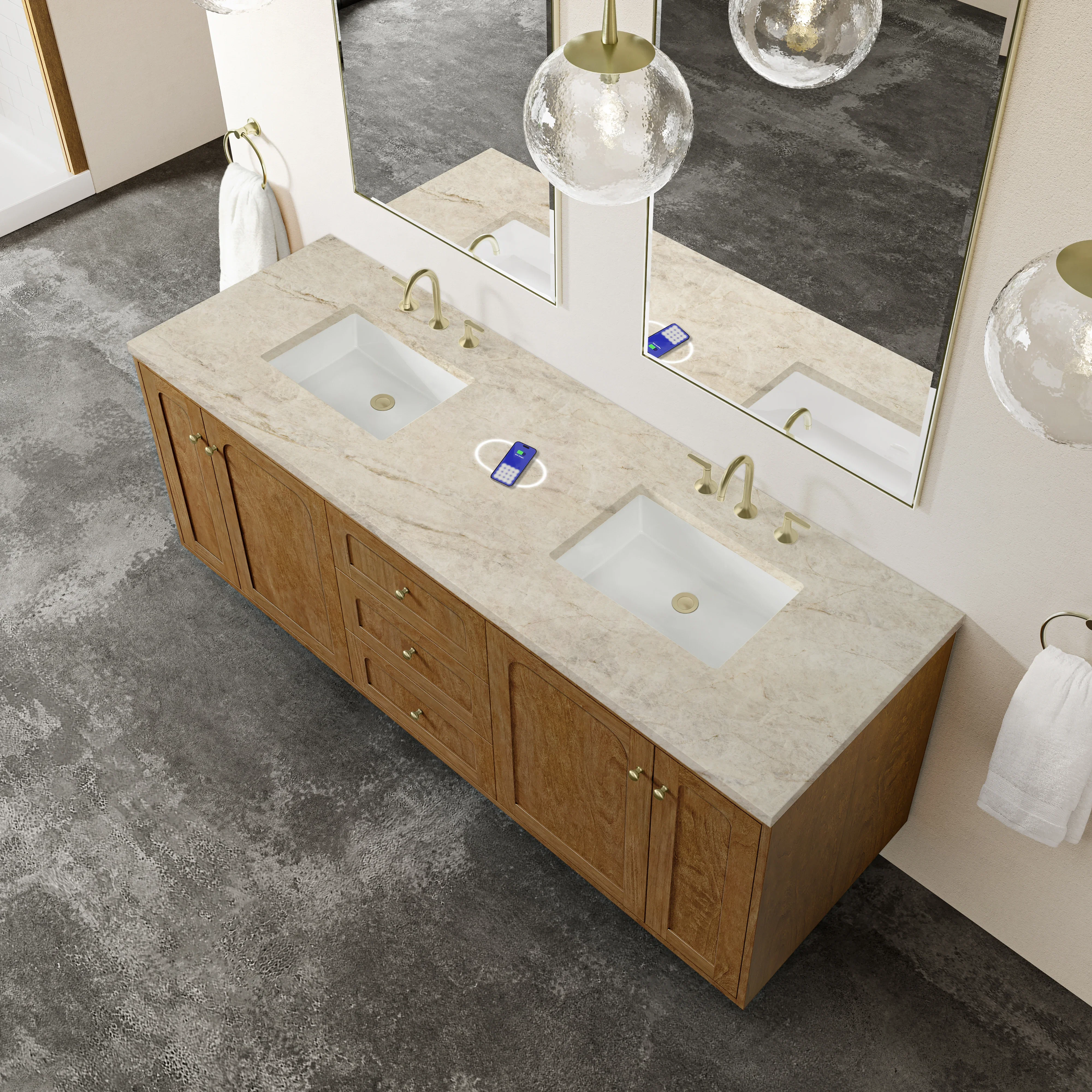 Laurent 72" Double Vanity, Honey Oak w/ 3 CM Tajnar Eclos Top w/FreePower Wireless Charger
