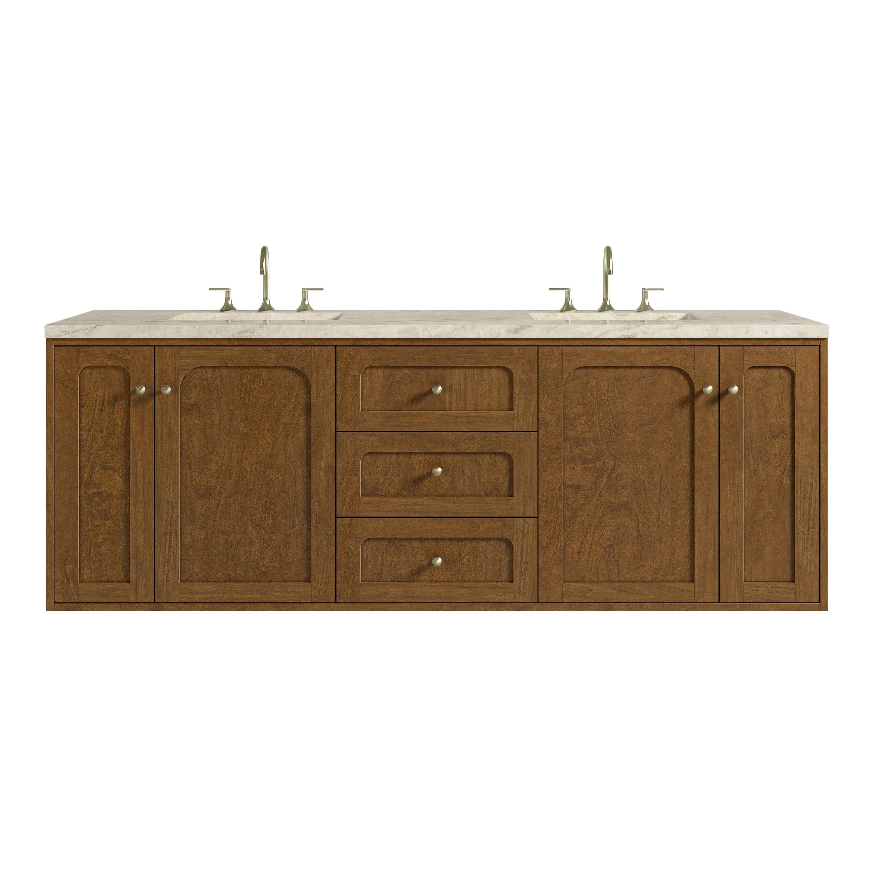 Laurent 72" Double Vanity, Honey Oak w/ 3 CM Tajnar Eclos Top w/FreePower Wireless Charger