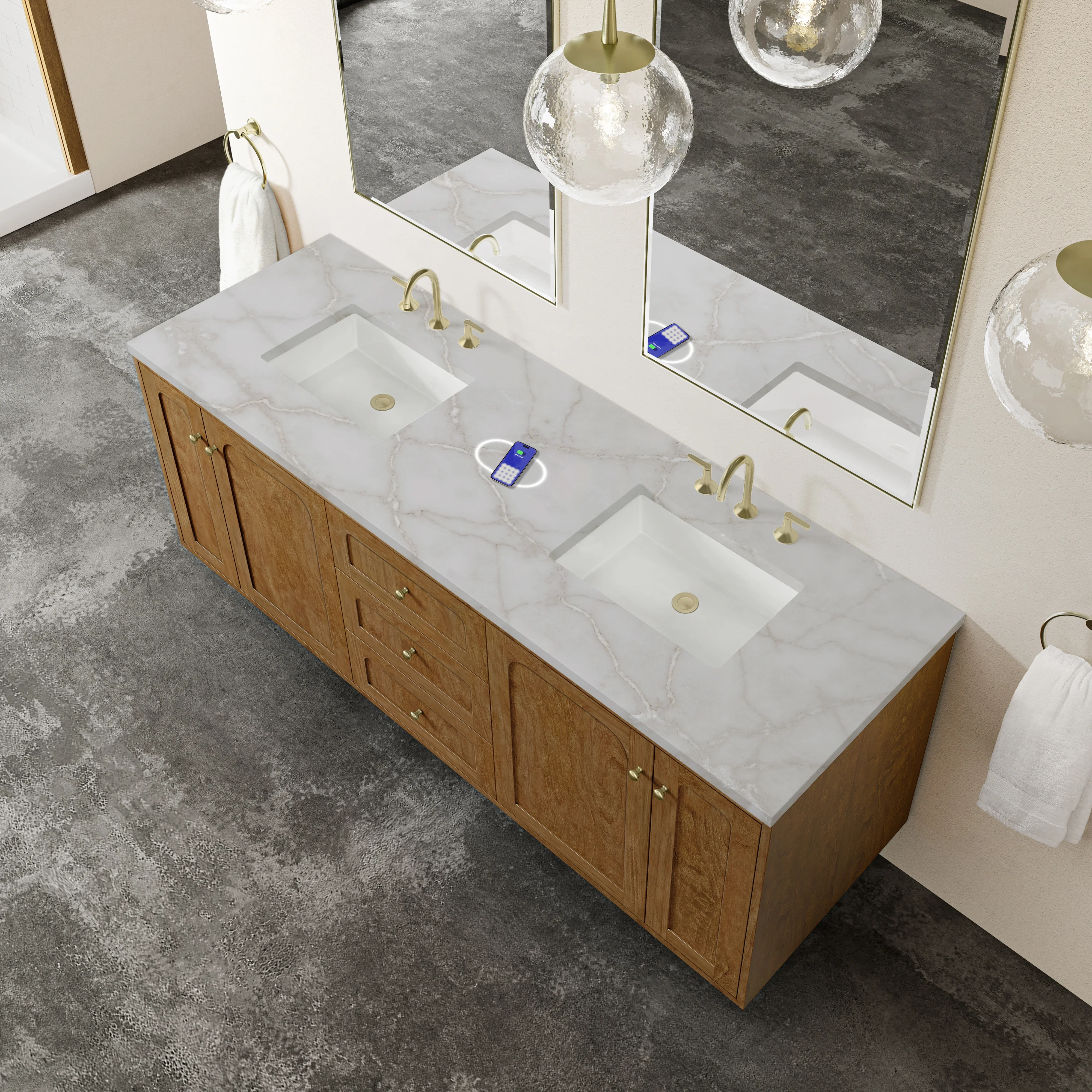 Laurent 72" Double Vanity, Honey Oak w/ 3 CM Victorian Silver Silestone Top w/FreePower Wireless Charger