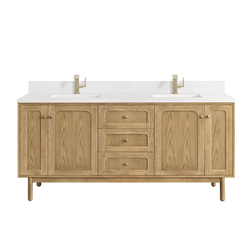 Laurent 72" Double Vanity, Light Natural Oak w/ Single Hole 3 CM White Zeus Top & Backsplash