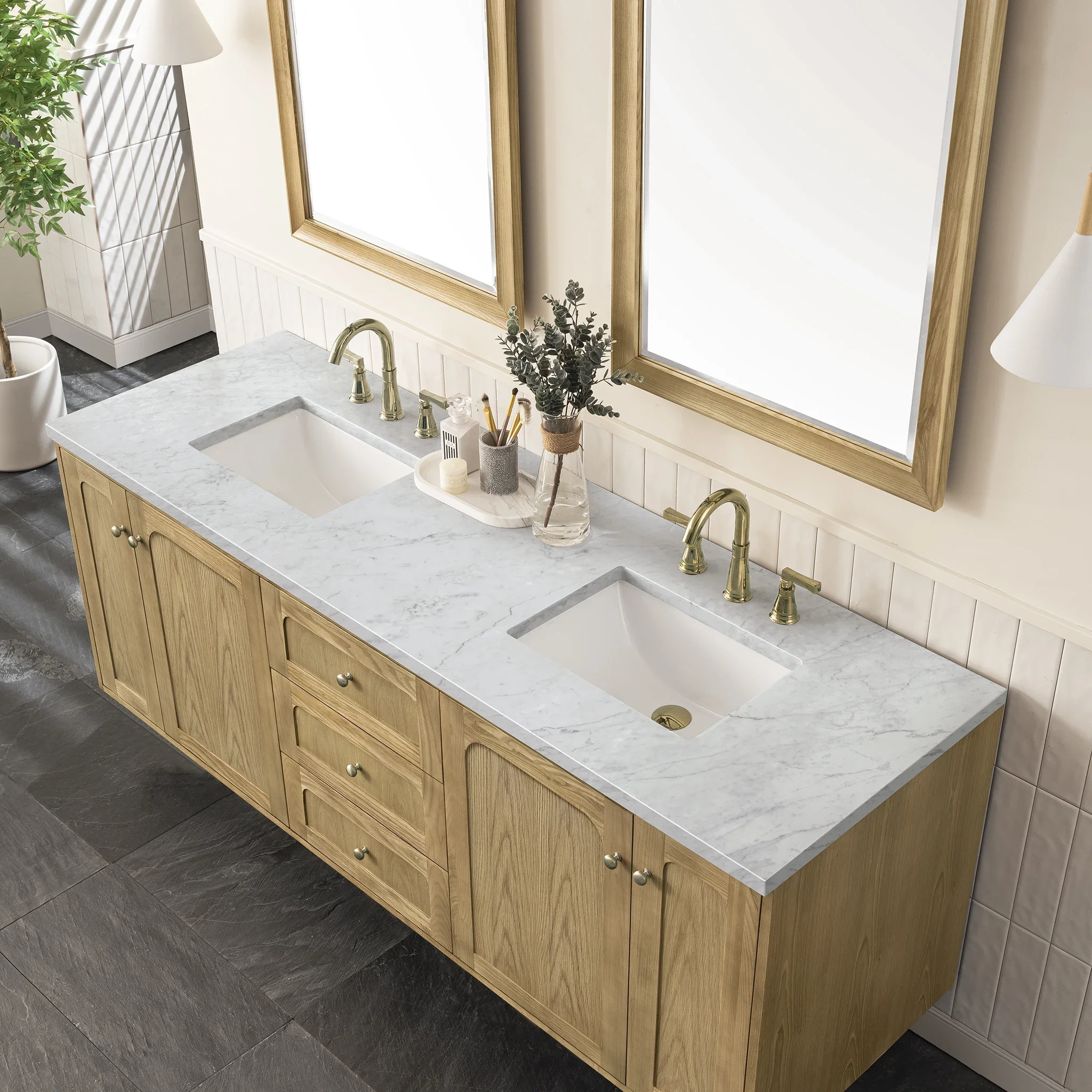 Laurent 72" Double Vanity, Light Natural Oak w/ 3 CM Carrara Marble Top