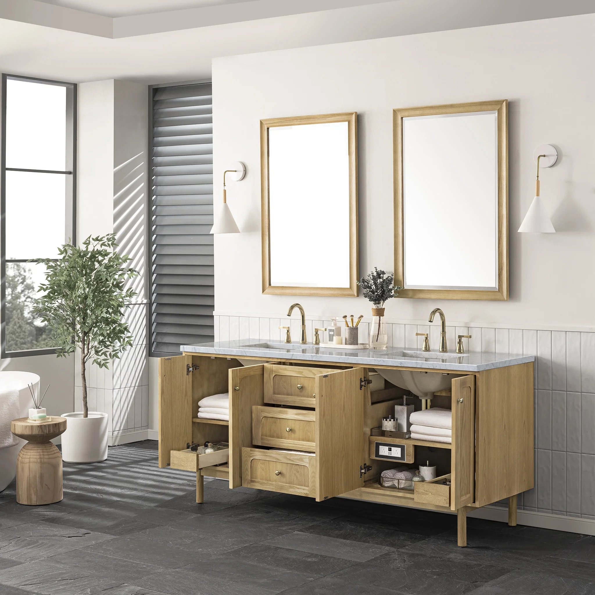 Laurent 72" Double Vanity, Light Natural Oak w/ 3 CM Carrara Marble Top