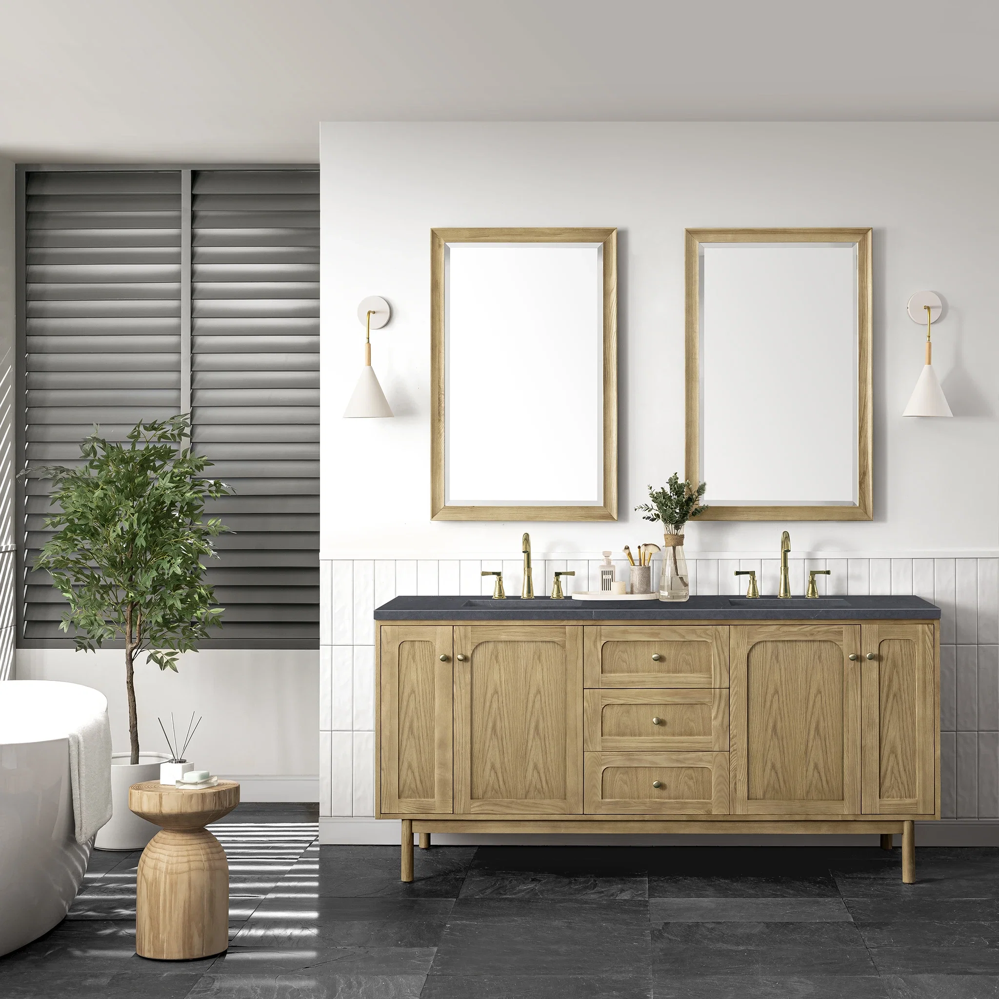 Laurent 72" Double Vanity, Light Natural Oak w/ 3 CM Charcoal Soapstone Top