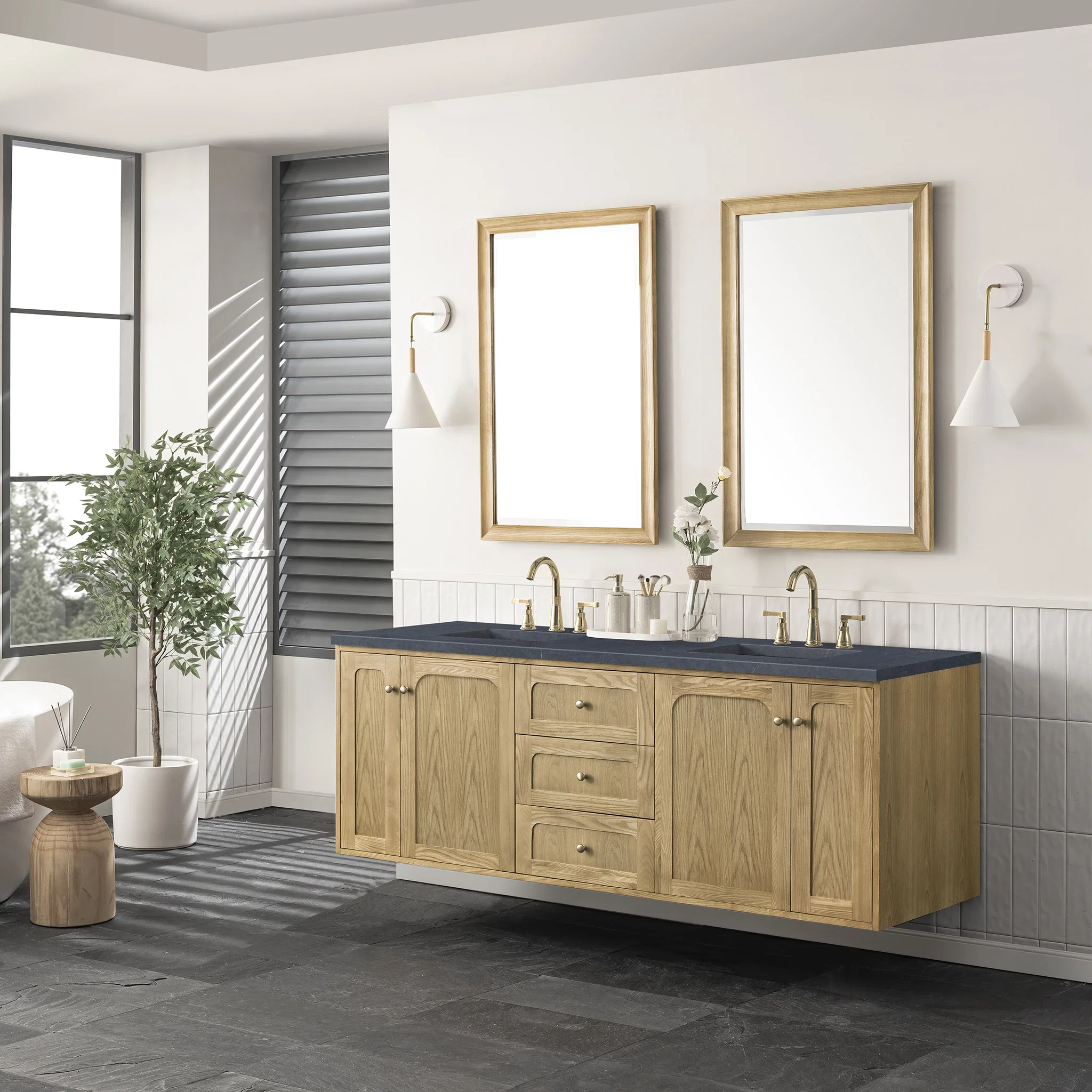 Laurent 72" Double Vanity, Light Natural Oak w/ 3 CM Charcoal Soapstone Top