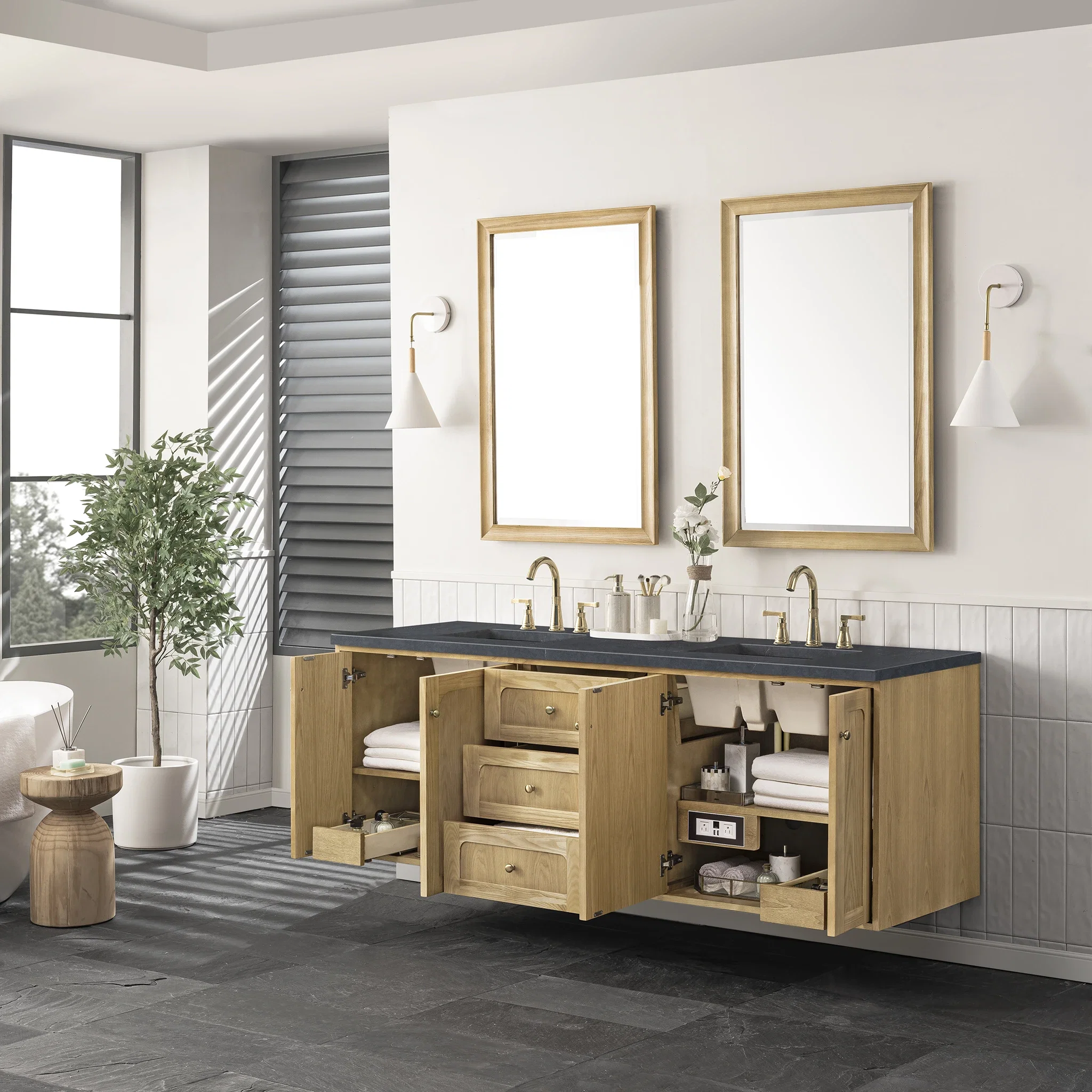 Laurent 72" Double Vanity, Light Natural Oak w/ 3 CM Charcoal Soapstone Top