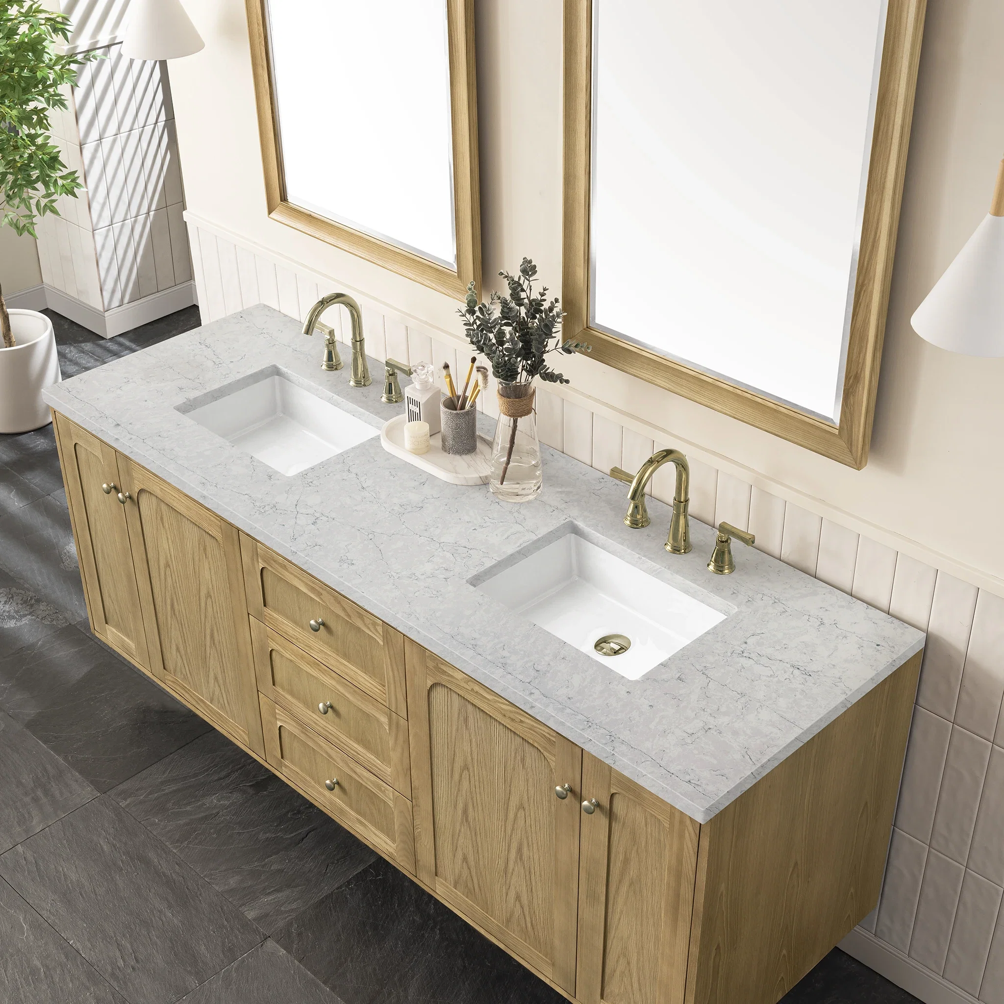 Laurent 72" Double Vanity, Light Natural Oak w/ 3 CM Eternal Jasmine Pearl Top