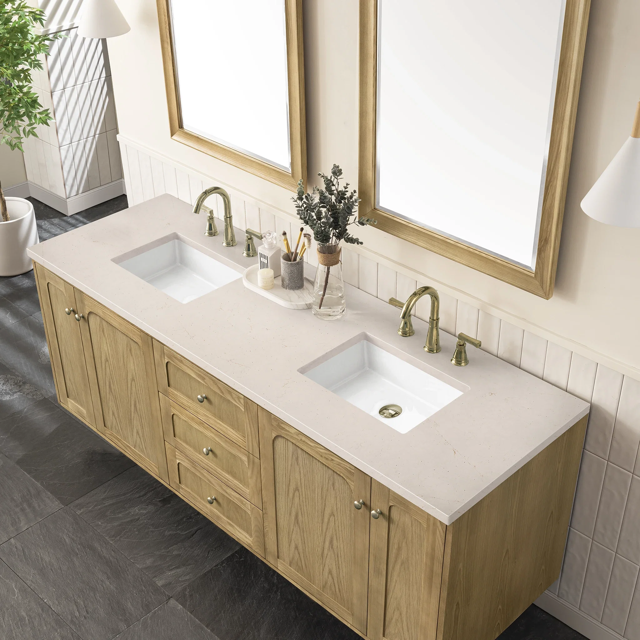 Laurent 72" Double Vanity, Light Natural Oak w/ 3 CM Eternal Marfil Top