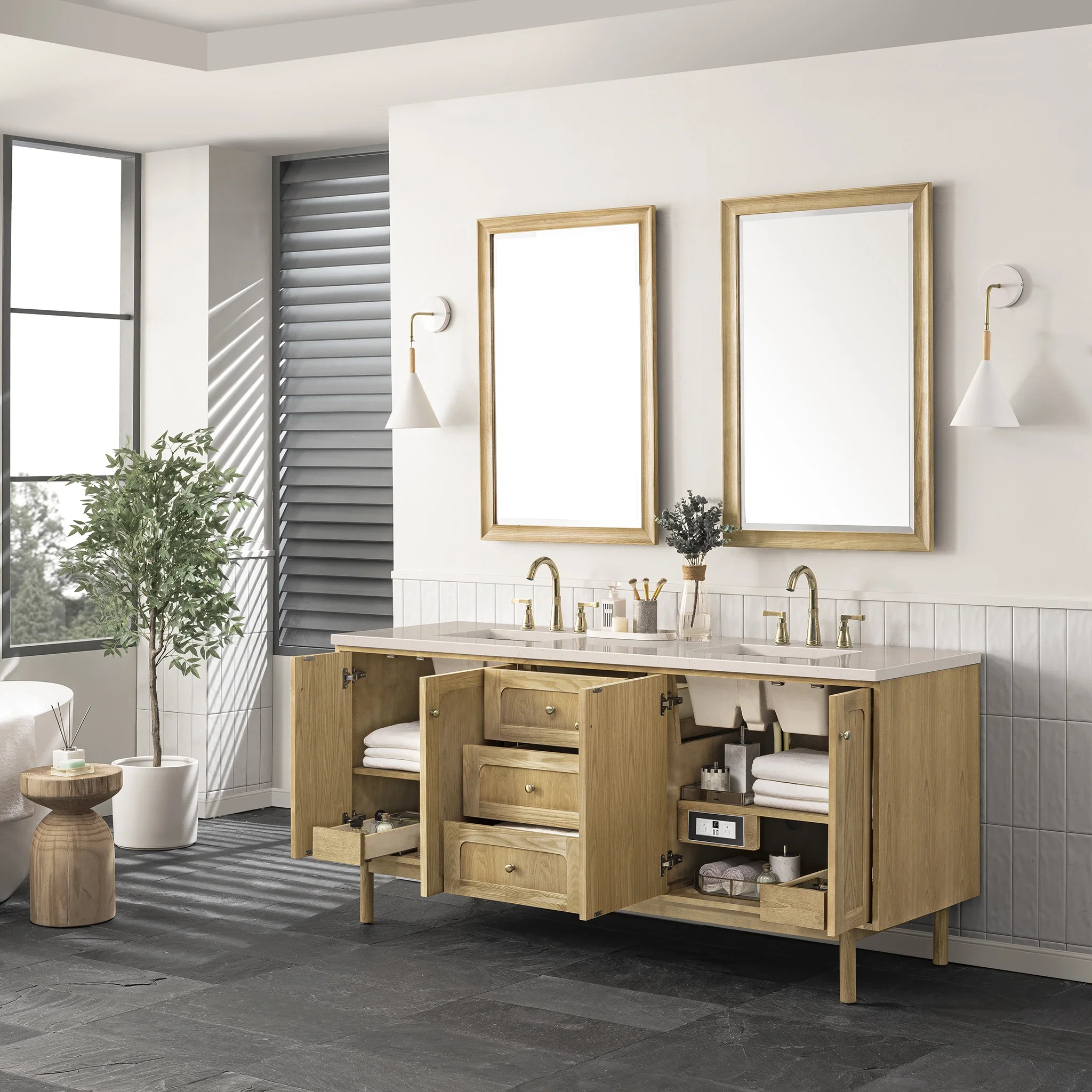 Laurent 72" Double Vanity, Light Natural Oak w/ 3 CM Eternal Marfil Top
