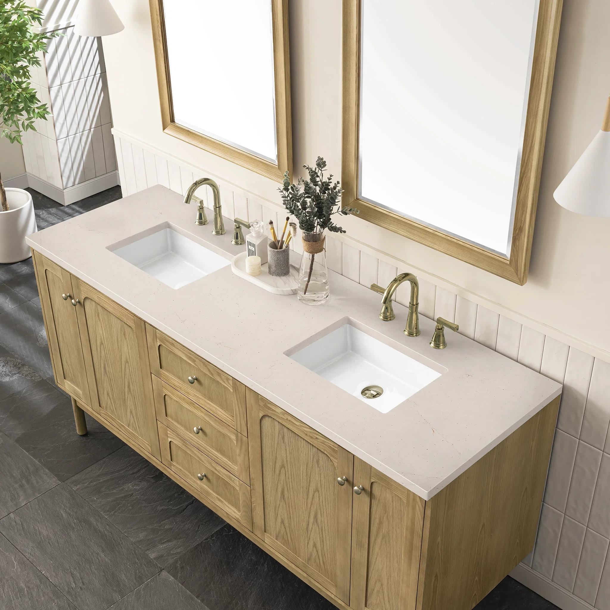 Laurent 72" Double Vanity, Light Natural Oak w/ 3 CM Eternal Marfil Top