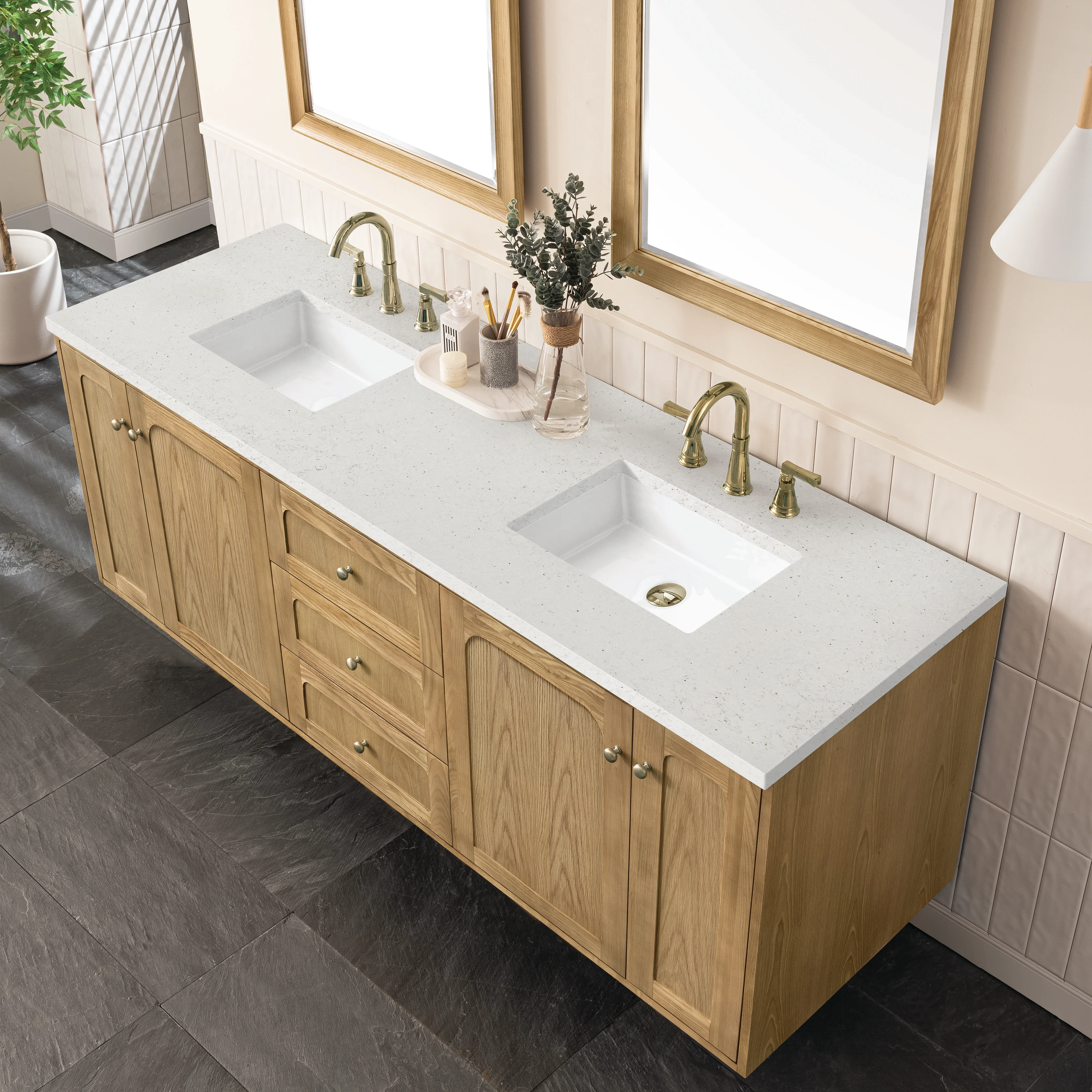 Laurent 72" Double Vanity, Light Natural Oak w/ 3 CM Lime Delight Top