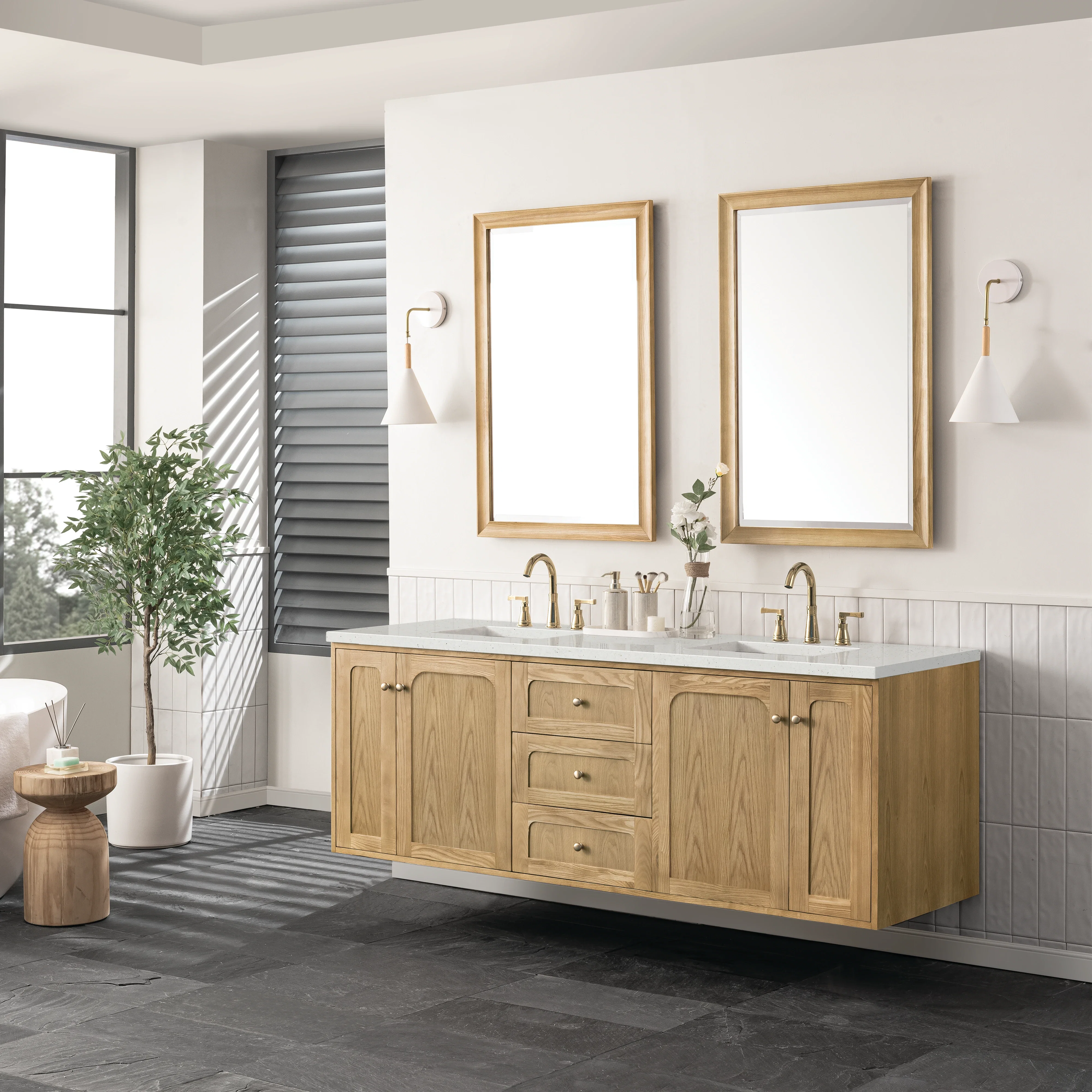 Laurent 72" Double Vanity, Light Natural Oak w/ 3 CM Lime Delight Top
