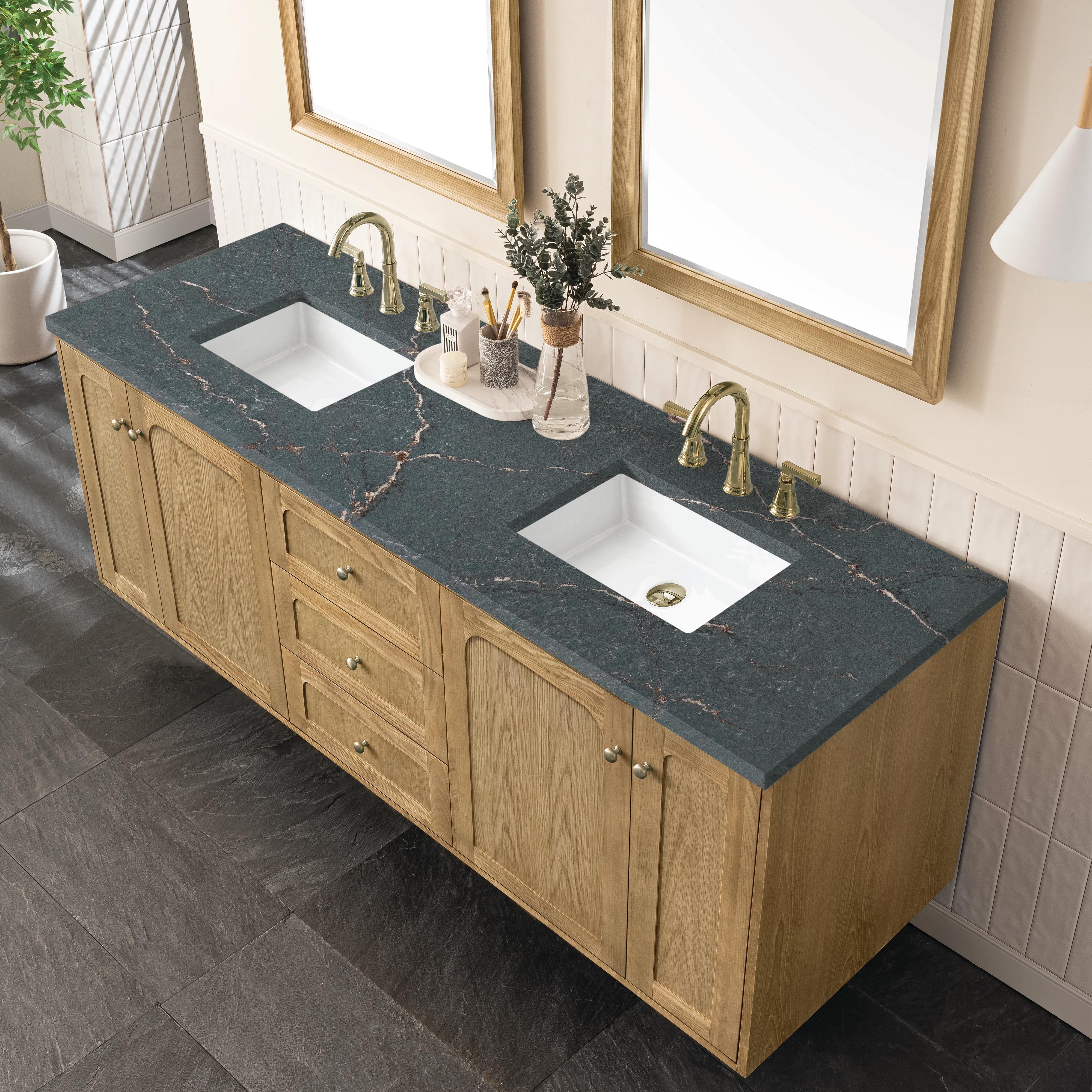 Laurent 72" Double Vanity, Light Natural Oak w/ 3 CM Parisien Bleu Top