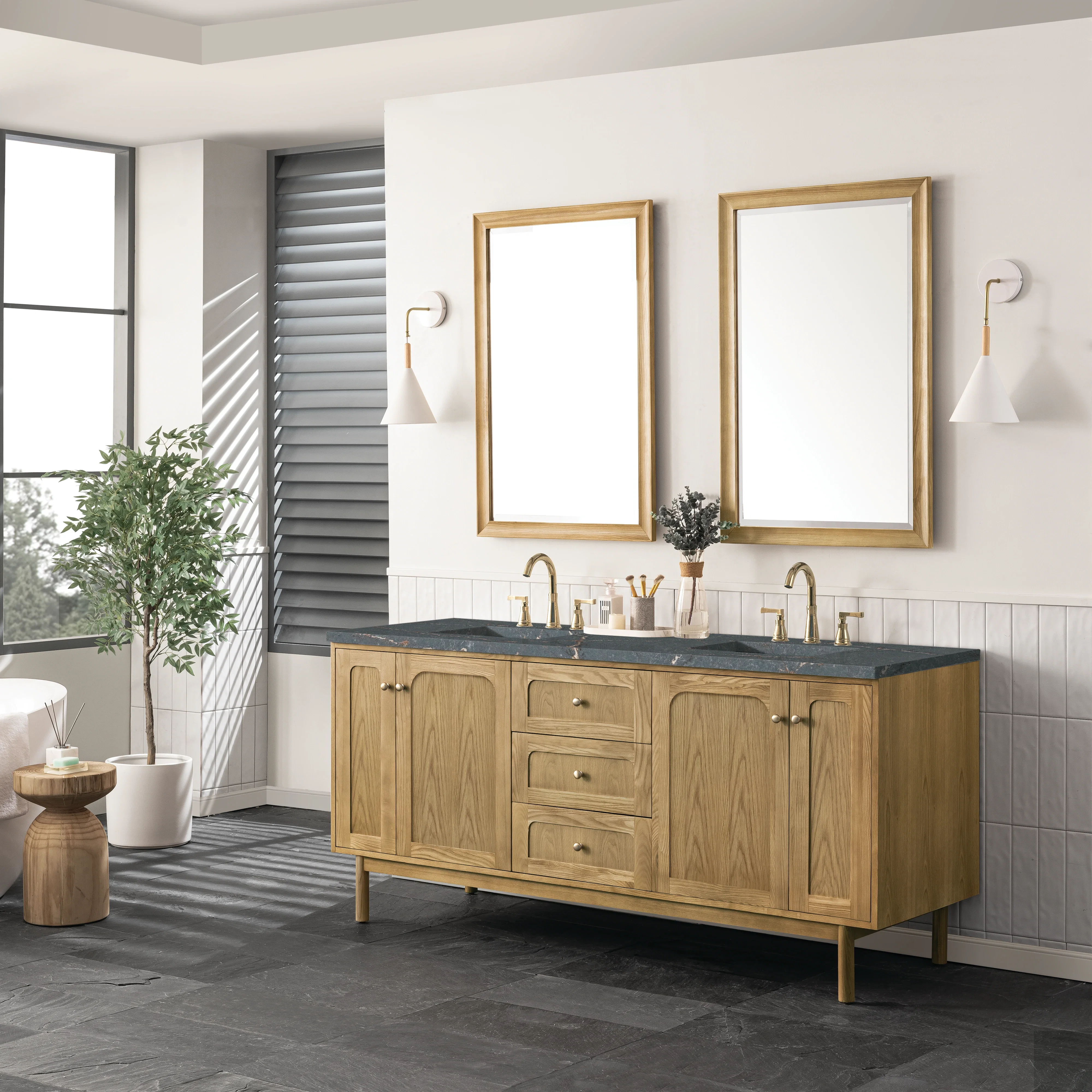 Laurent 72" Double Vanity, Light Natural Oak w/ 3 CM Parisien Bleu Top