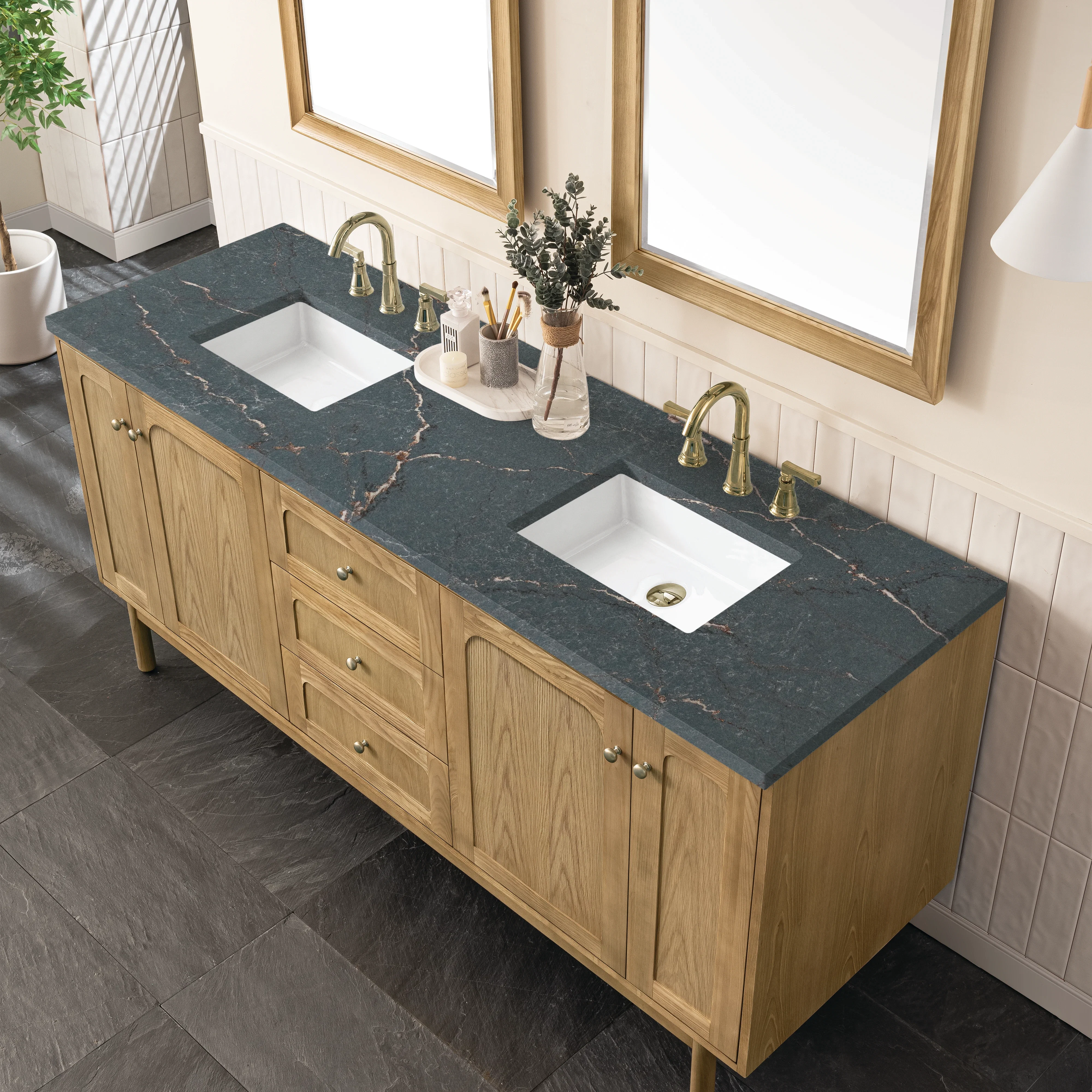 Laurent 72" Double Vanity, Light Natural Oak w/ 3 CM Parisien Bleu Top