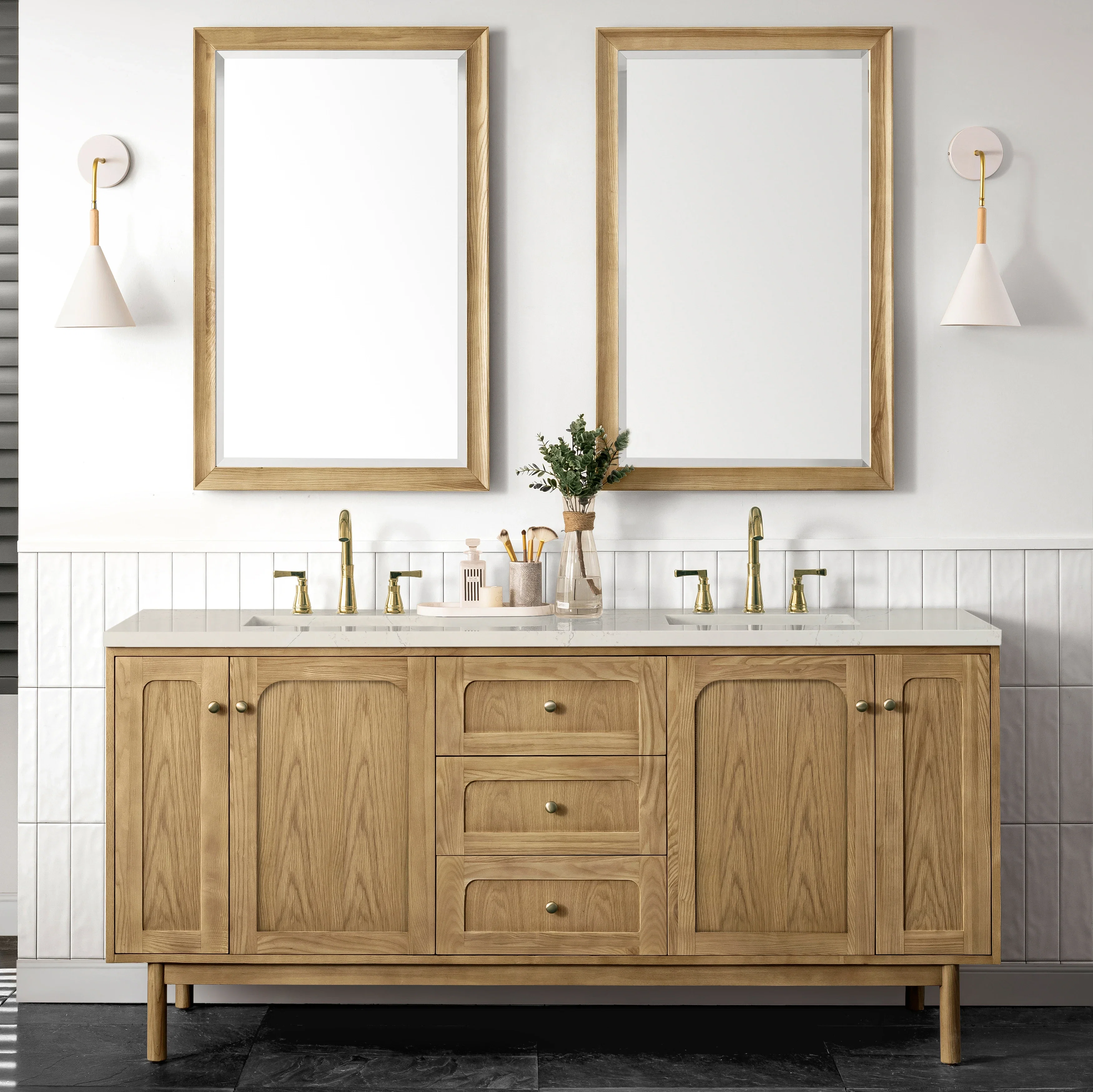 Laurent 72" Double Vanity, Light Natural Oak, w/ 3 CM Siberian Silestone Top