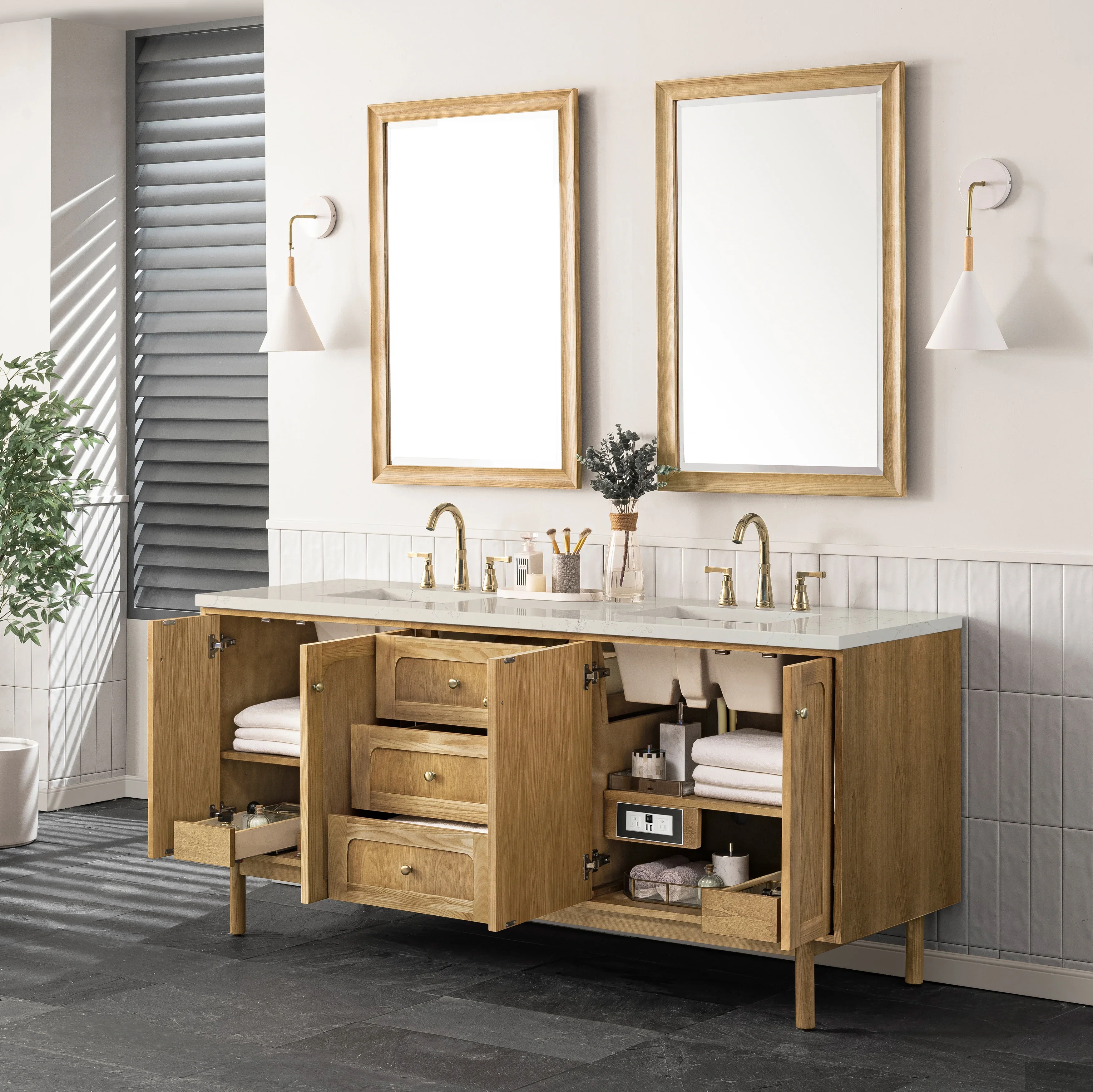 Laurent 72" Double Vanity, Light Natural Oak, w/ 3 CM Siberian Silestone Top