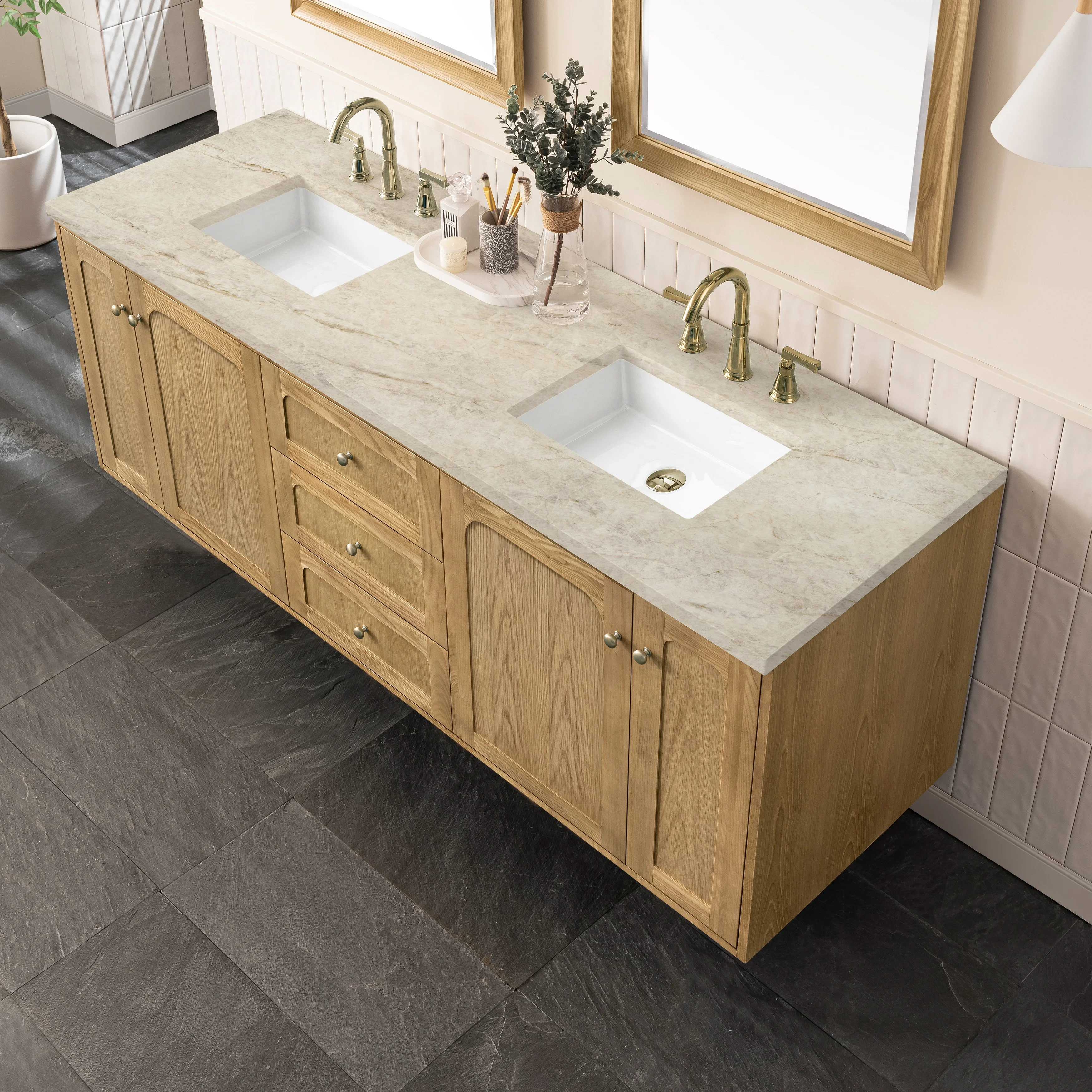 Laurent 72" Double Vanity, Light Natural Oak, w/ 3 CM Tajnar Eclos Top