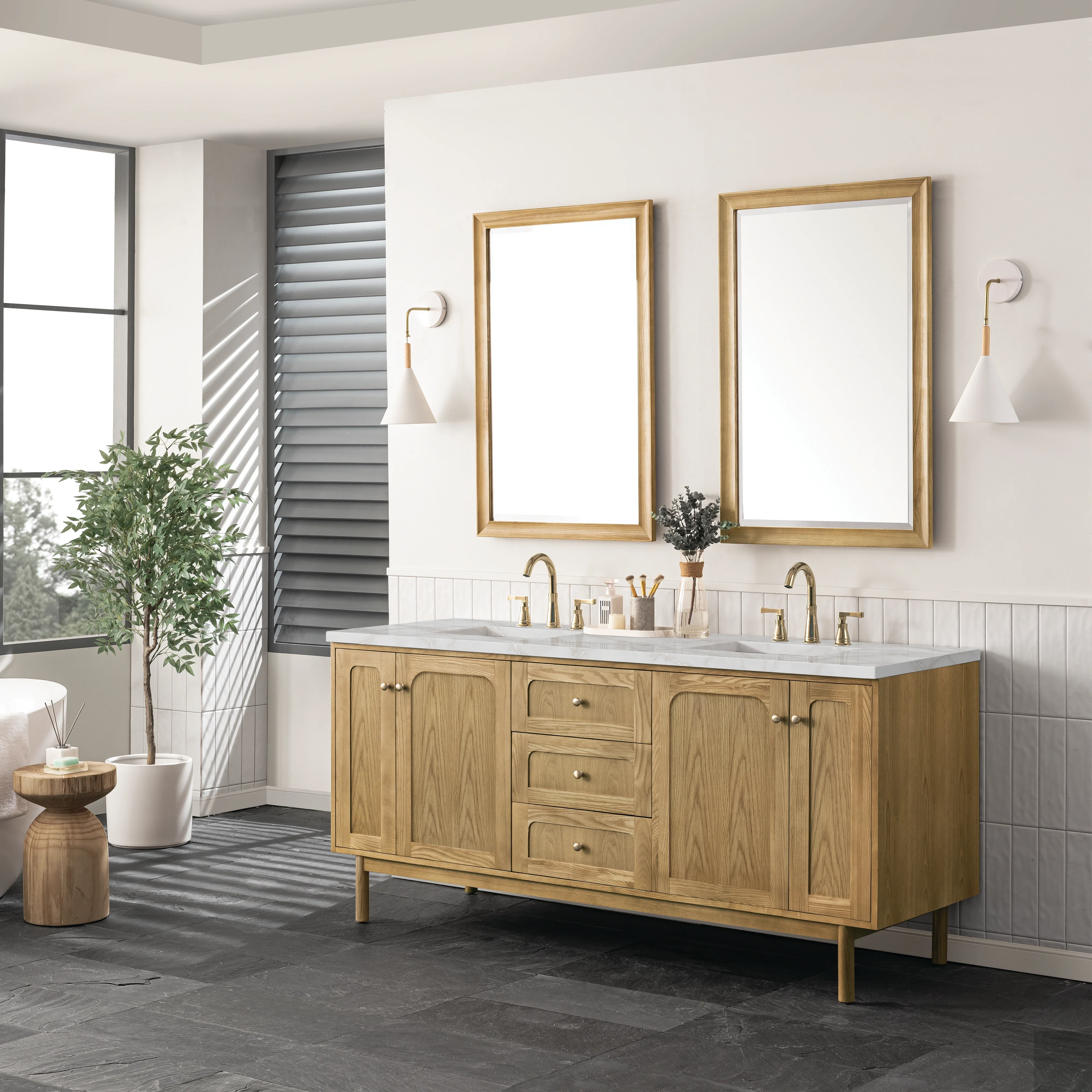 Laurent 72" Double Vanity, Light Natural Oak w/ 3 CM Victorian Silver Top