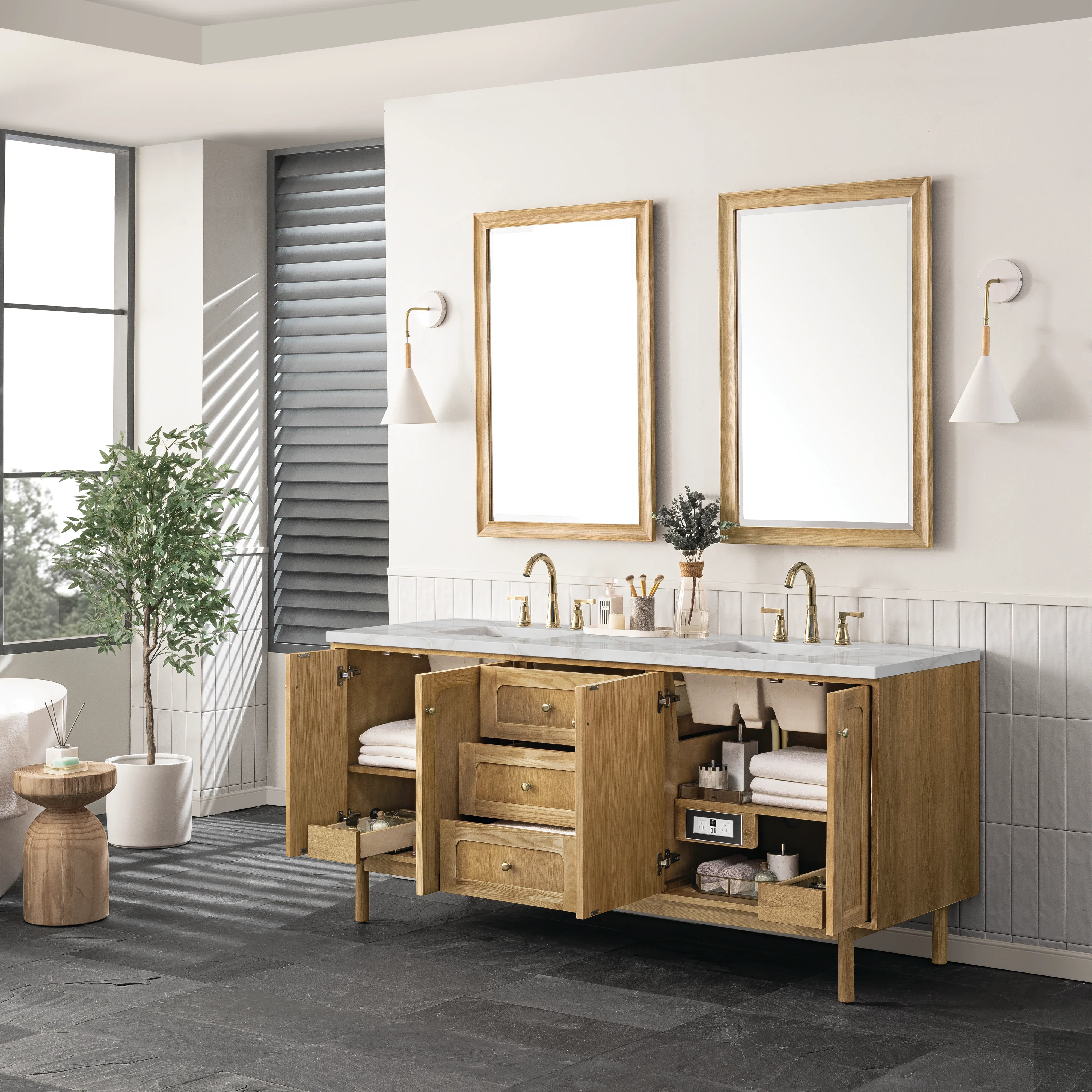 Laurent 72" Double Vanity, Light Natural Oak w/ 3 CM Victorian Silver Top