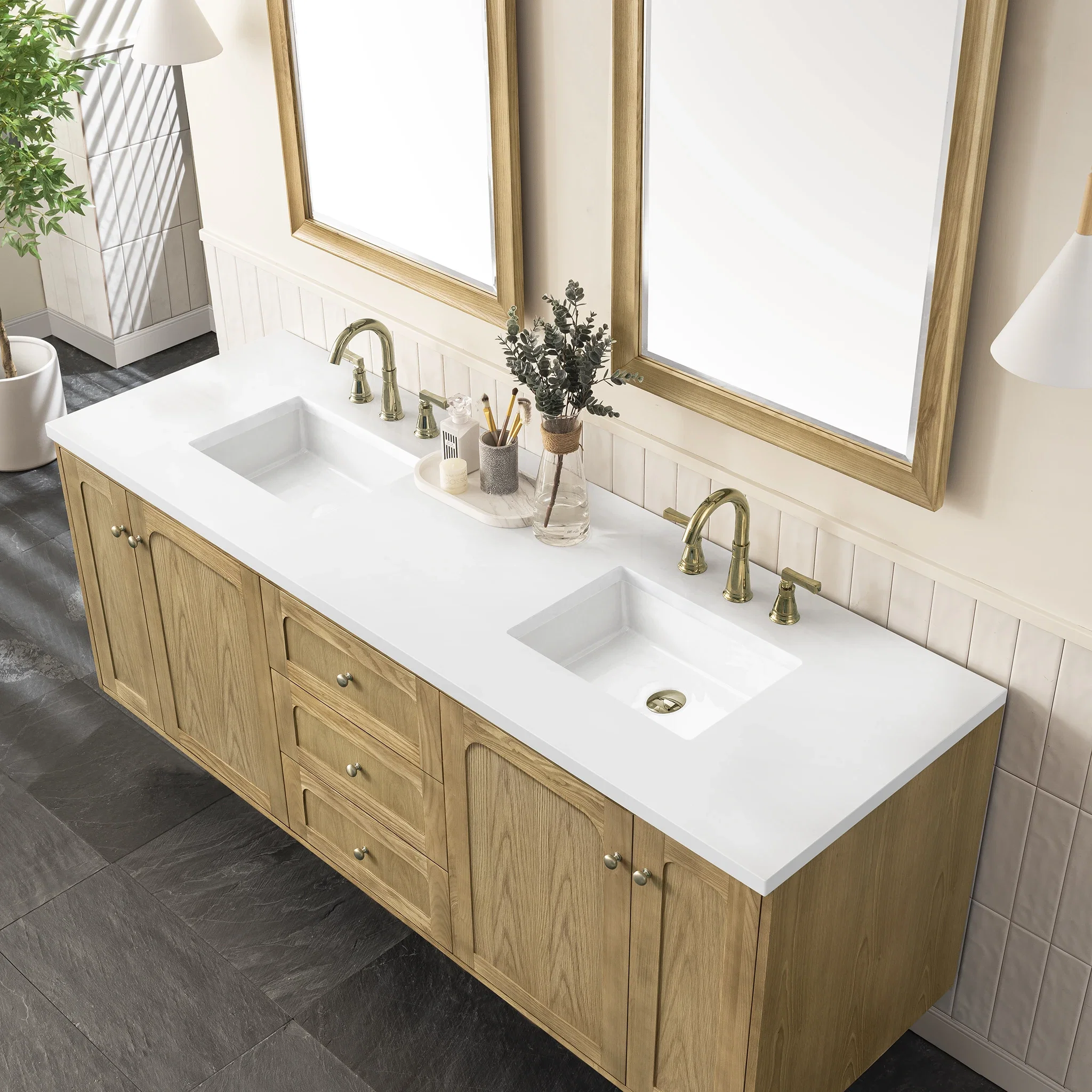 Laurent 72" Double Vanity, Light Natural Oak w/ 3 CM White Zeus Top