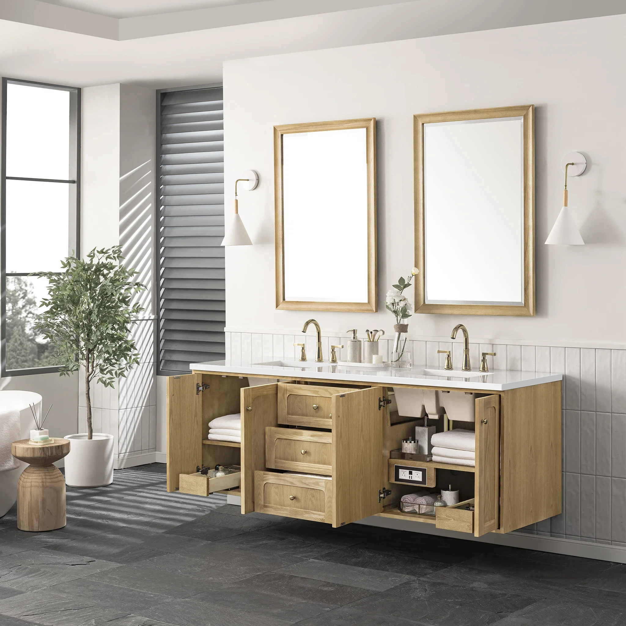 Laurent 72" Double Vanity, Light Natural Oak w/ 3 CM White Zeus Top