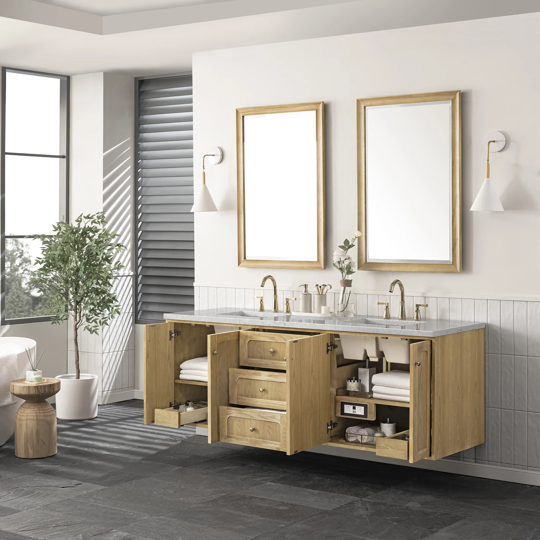 Laurent 72" Double Vanity, Light Natural Oak w/ 3 CM Eternal Jasmine Pearl Top w/FreePower Wireless Charger