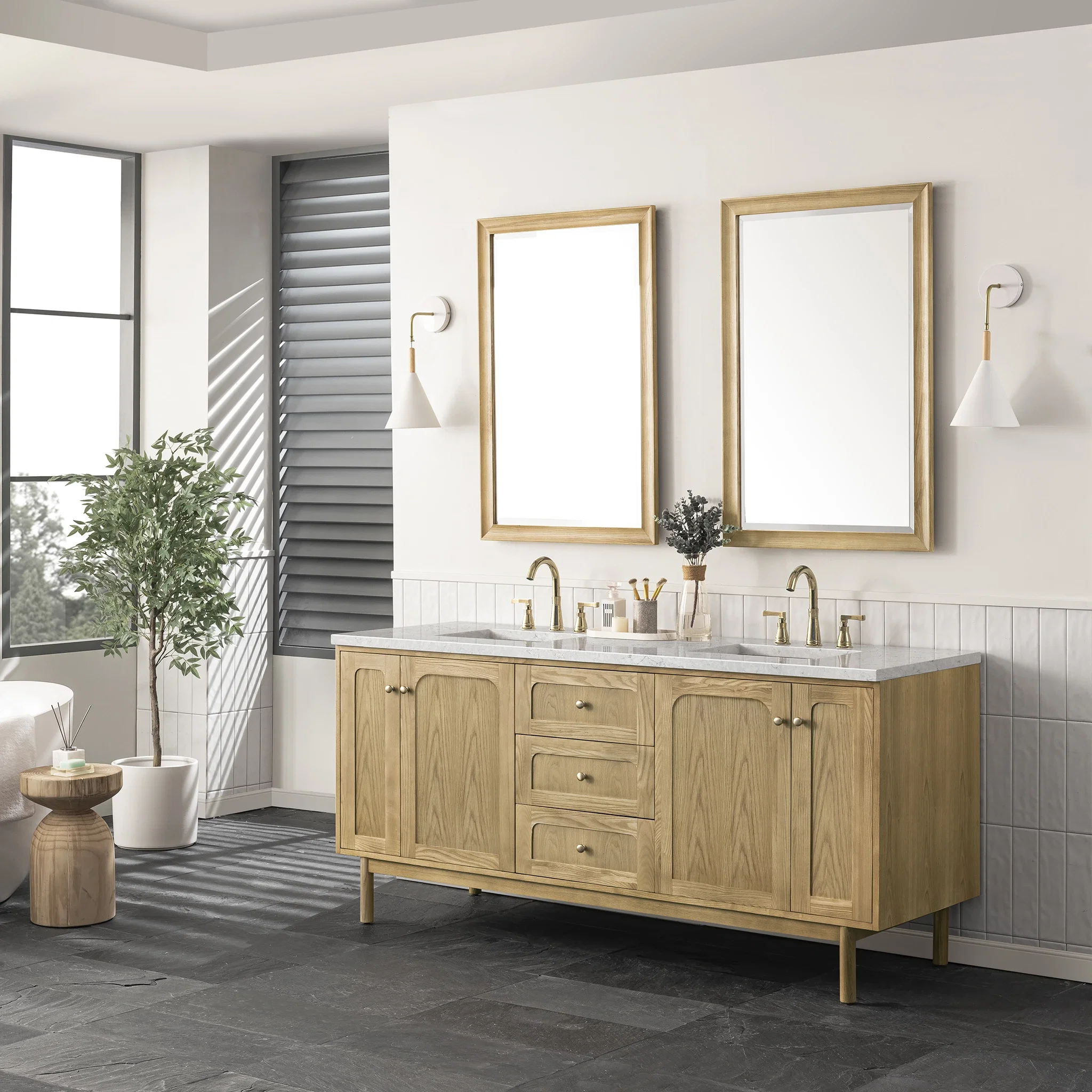 Laurent 72" Double Vanity, Light Natural Oak w/ 3 CM Eternal Jasmine Pearl Top w/FreePower Wireless Charger