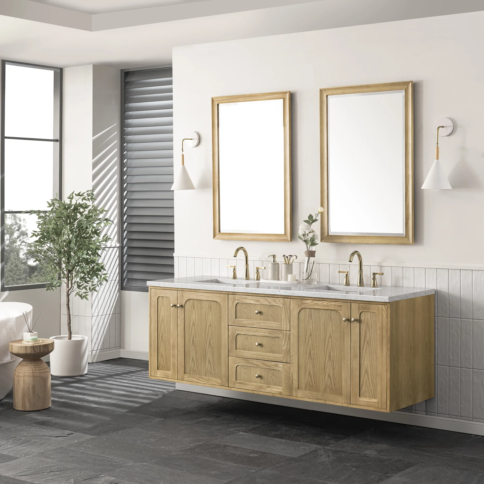 Laurent 72" Double Vanity, Light Natural Oak w/ 3 CM Eternal Jasmine Pearl Top w/FreePower Wireless Charger