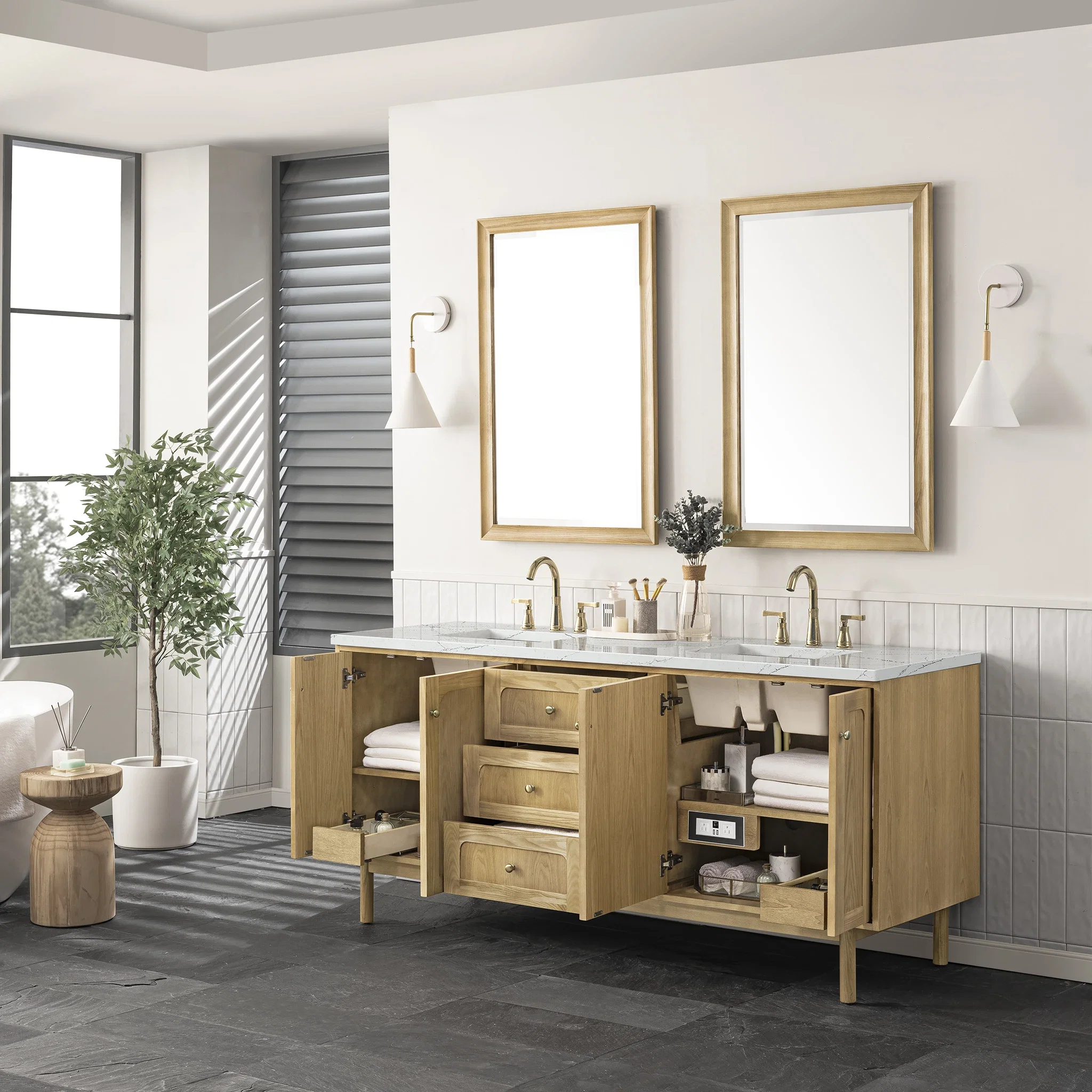 Laurent 72" Double Vanity, Light Natural Oak w/ 3 CM Ethereal Noctis Top w/FreePower Wireless Charger