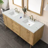 Laurent 72" Double Vanity, Light Natural Oak w/ 3 CM Ethereal Noctis Top w/FreePower Wireless Charger