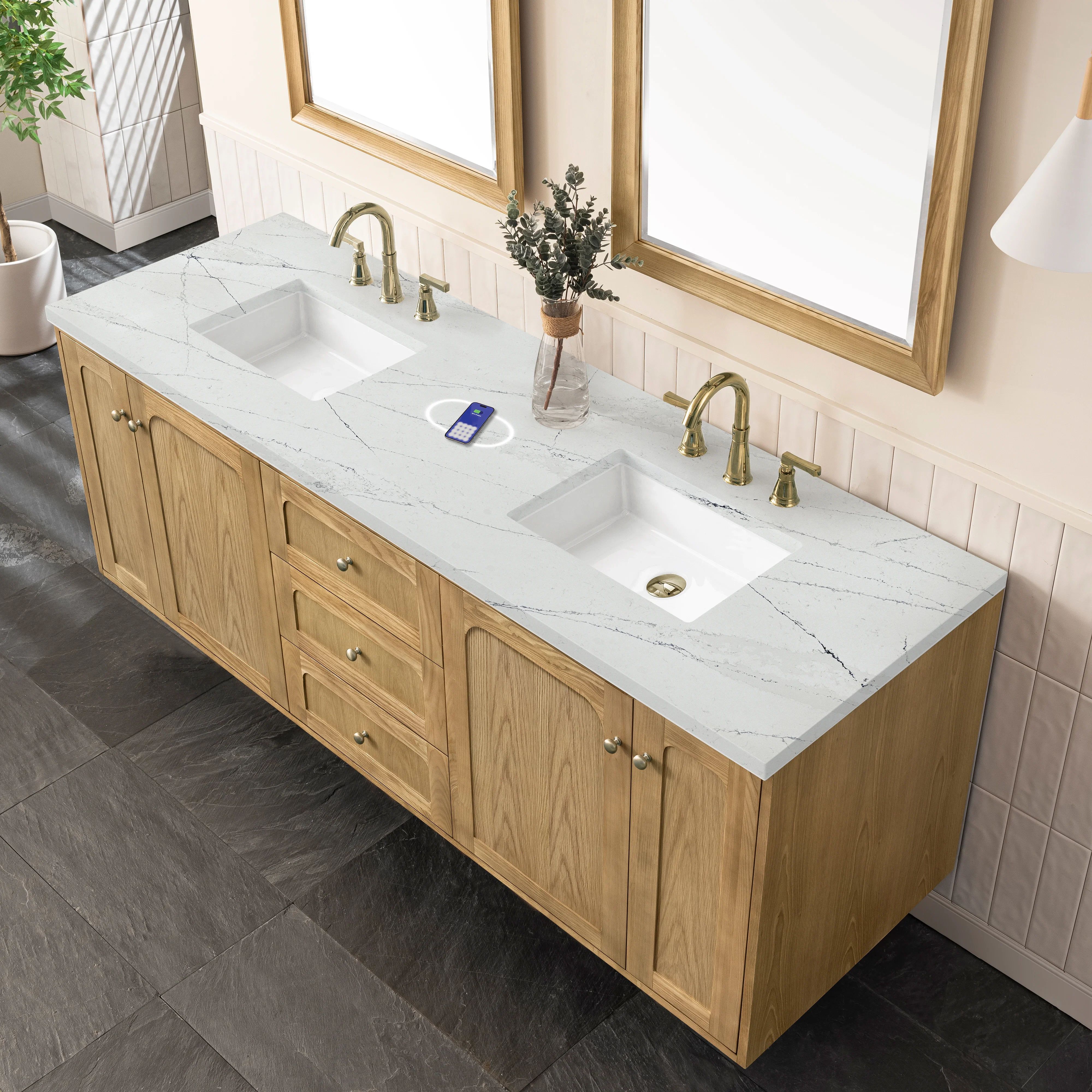 Laurent 72" Double Vanity, Light Natural Oak w/ 3 CM Ethereal Noctis Top w/FreePower Wireless Charger