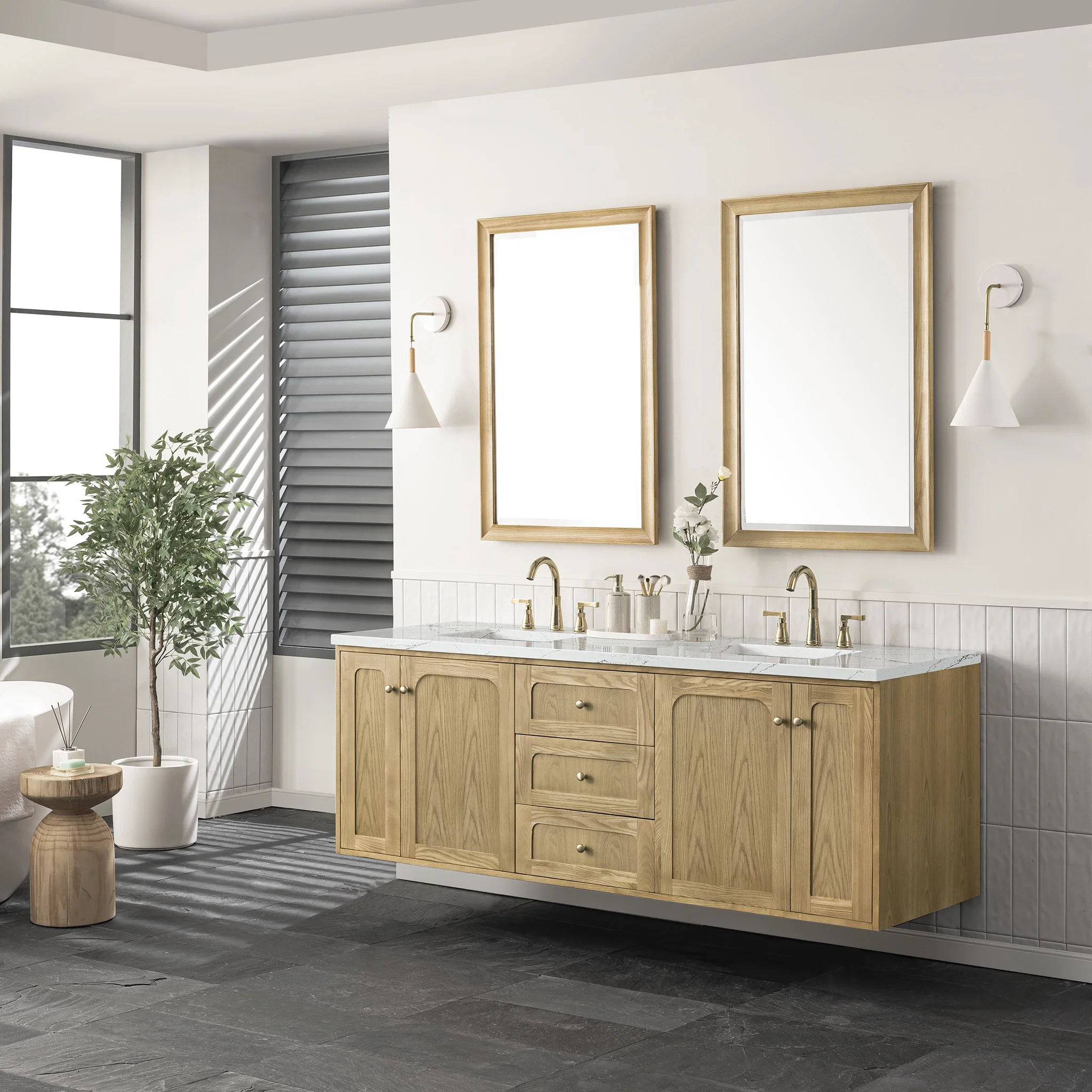 Laurent 72" Double Vanity, Light Natural Oak w/ 3 CM Ethereal Noctis Top w/FreePower Wireless Charger