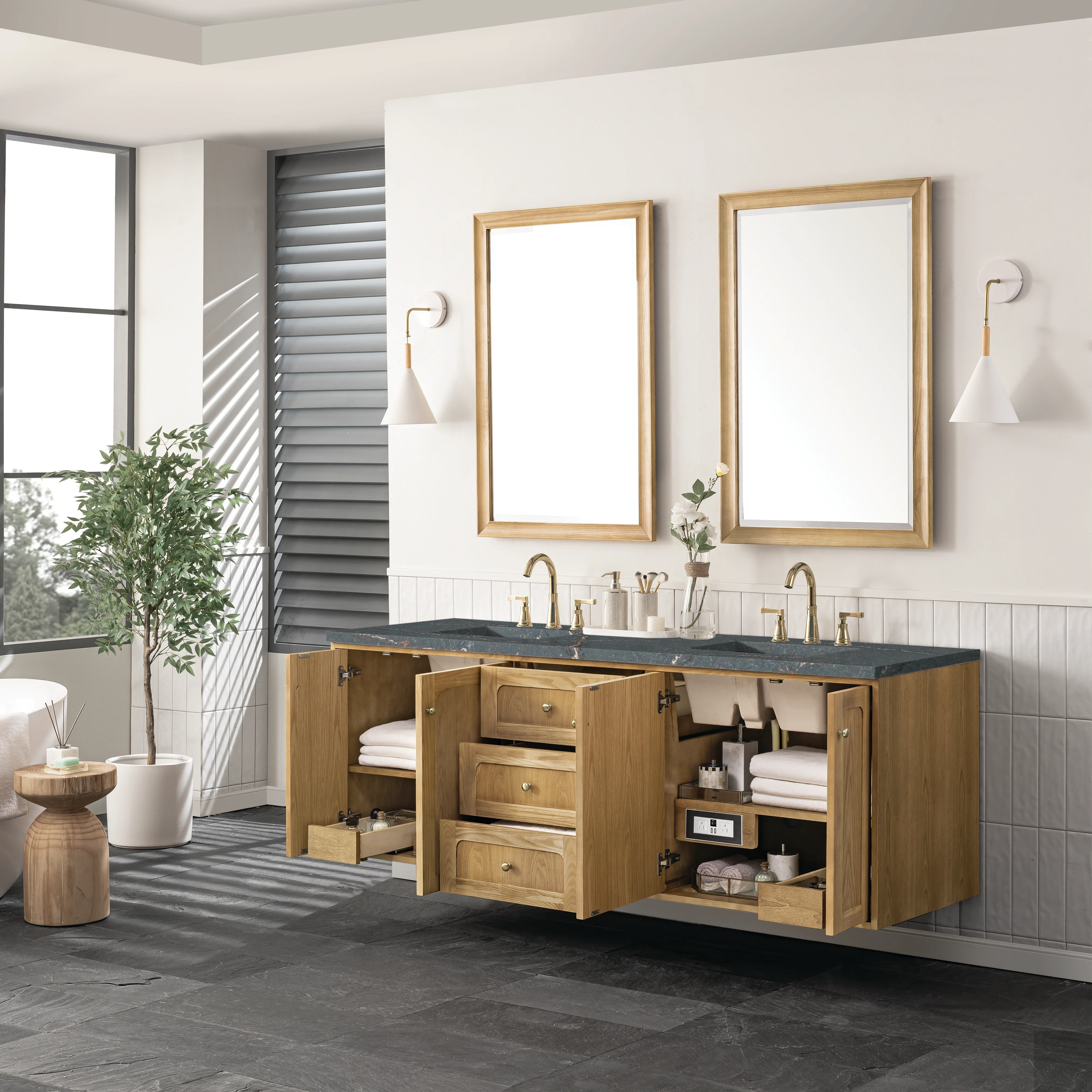 Laurent 72" Double Vanity, Light Natural Oak w/ 3 CM Parisien Bleu Top w/FreePower Wireless Charger