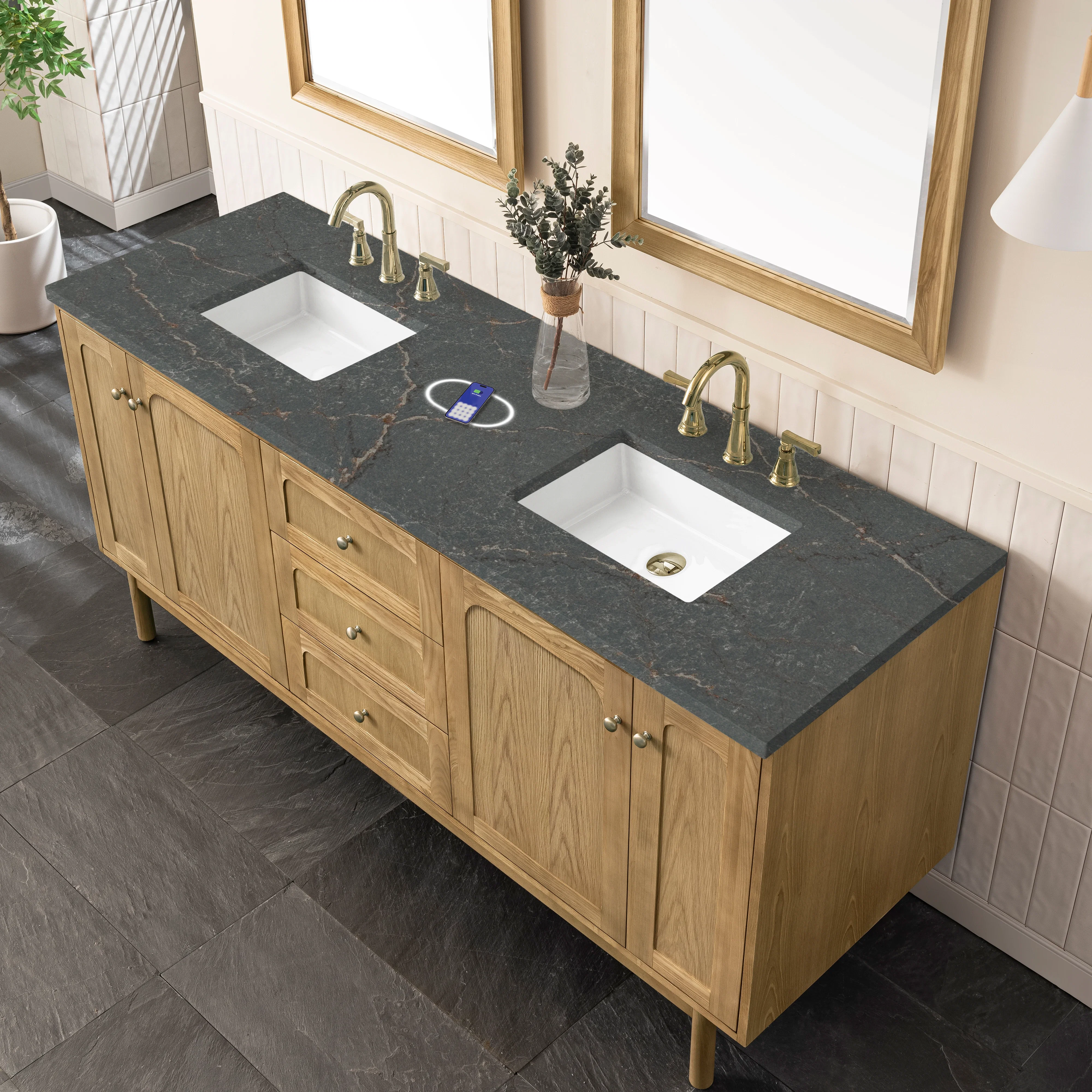 Laurent 72" Double Vanity, Light Natural Oak w/ 3 CM Parisien Bleu Top w/FreePower Wireless Charger