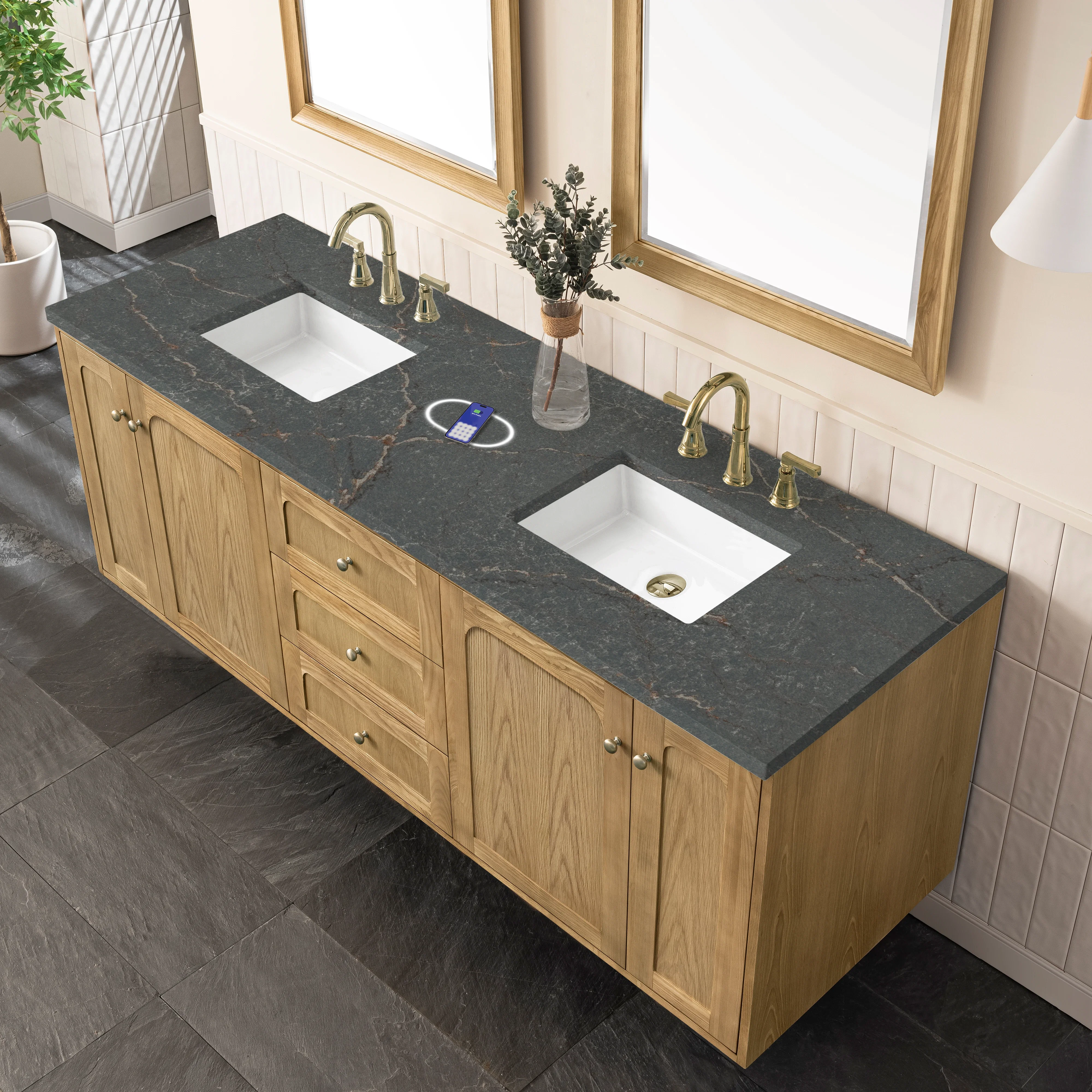 Laurent 72" Double Vanity, Light Natural Oak w/ 3 CM Parisien Bleu Top w/FreePower Wireless Charger