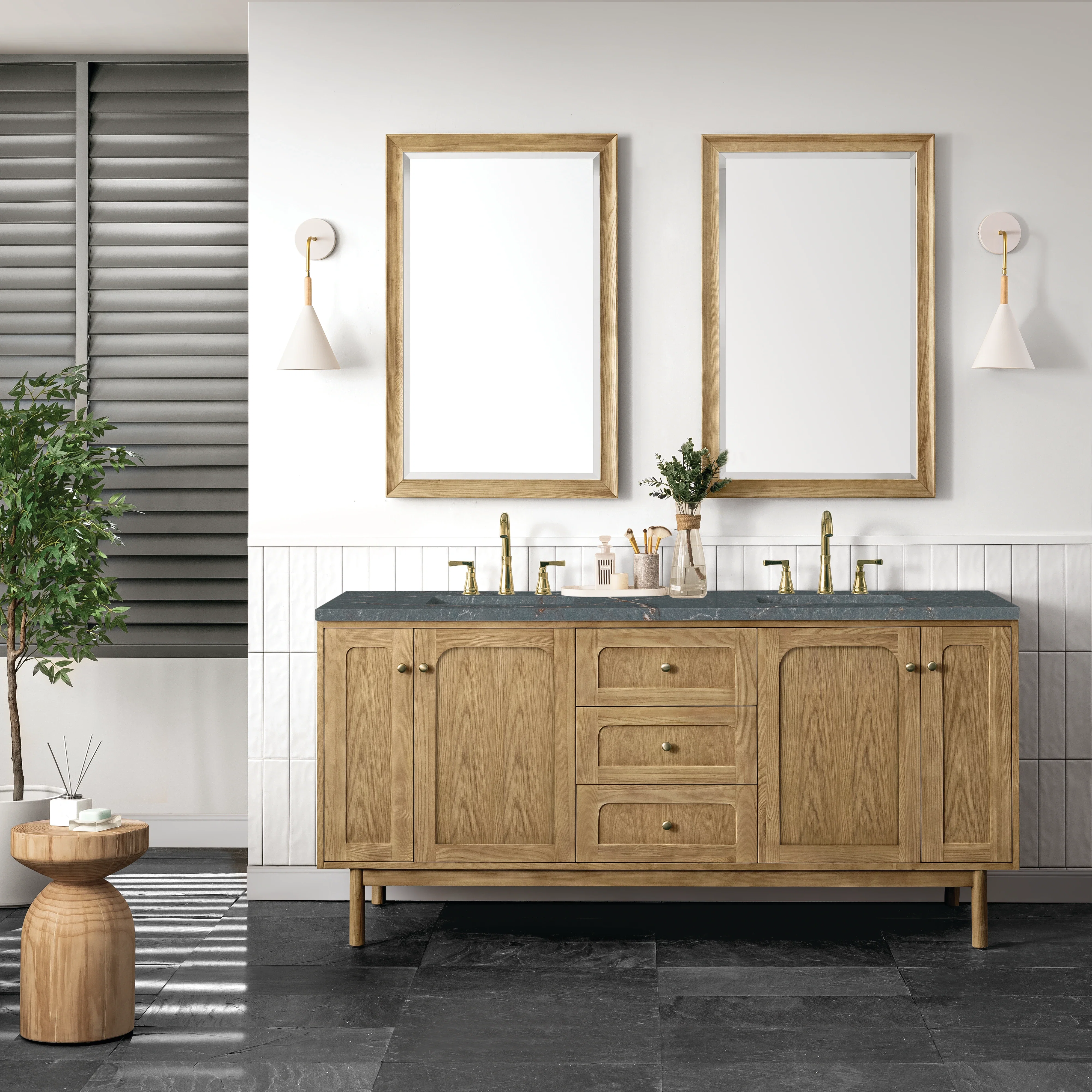 Laurent 72" Double Vanity, Light Natural Oak w/ 3 CM Parisien Bleu Top w/FreePower Wireless Charger