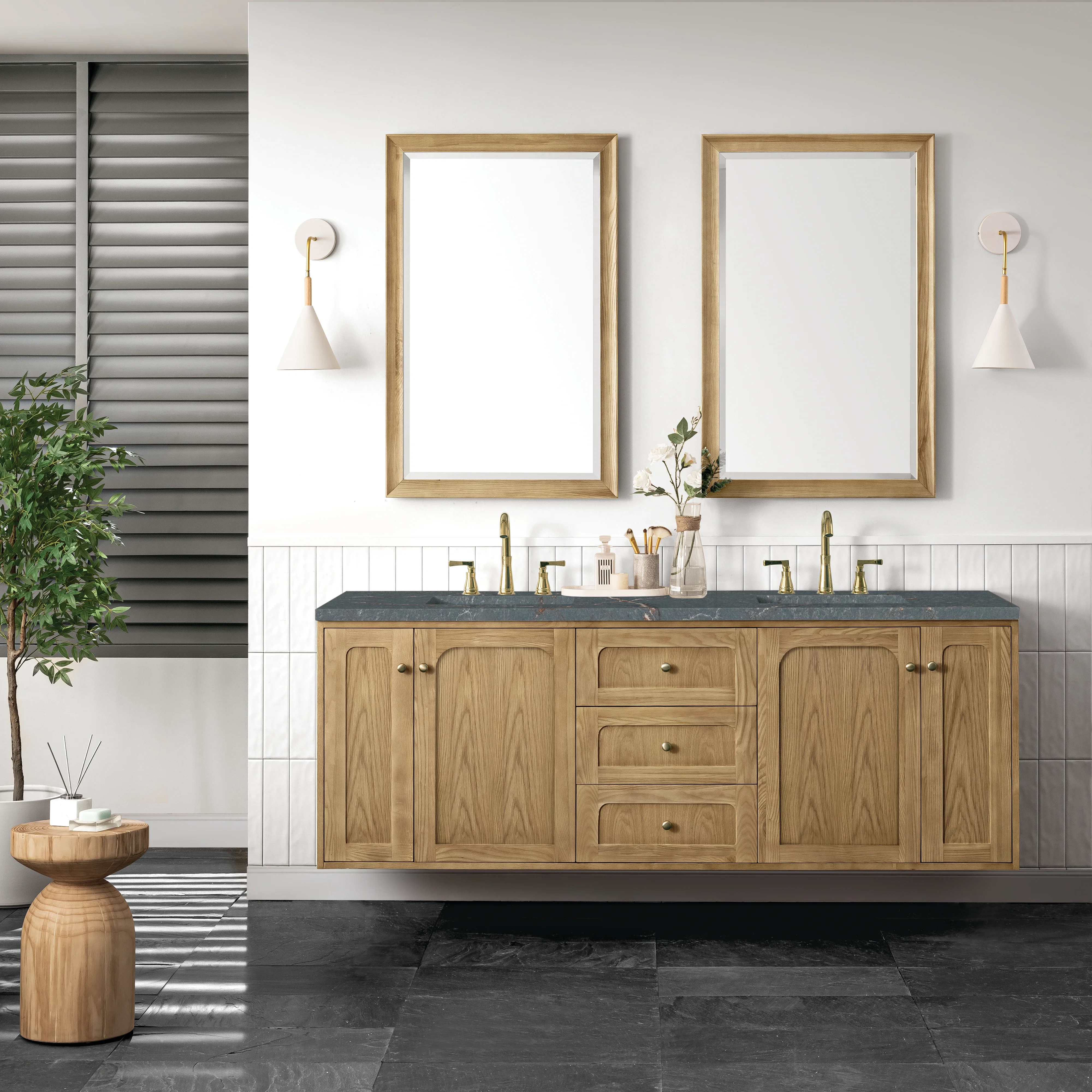 Laurent 72" Double Vanity, Light Natural Oak w/ 3 CM Parisien Bleu Top w/FreePower Wireless Charger